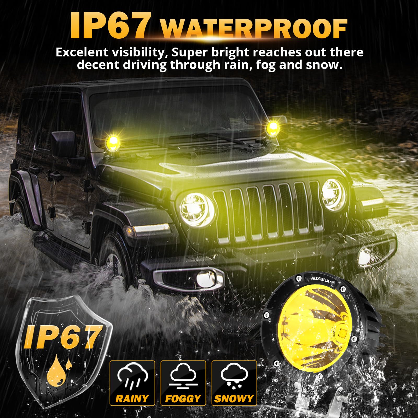Auxbeam 4Inch 72W Amber LED Fog Lights - 2PCS 7200LM Round Offroad Light Pods with Wiring Harness Kit - Super Bright Yellow Spot Beam for Jeep, Wrangler, SUV, ATV, UTV - Perfect for Offroading, Night Driving & Foggy Conditions