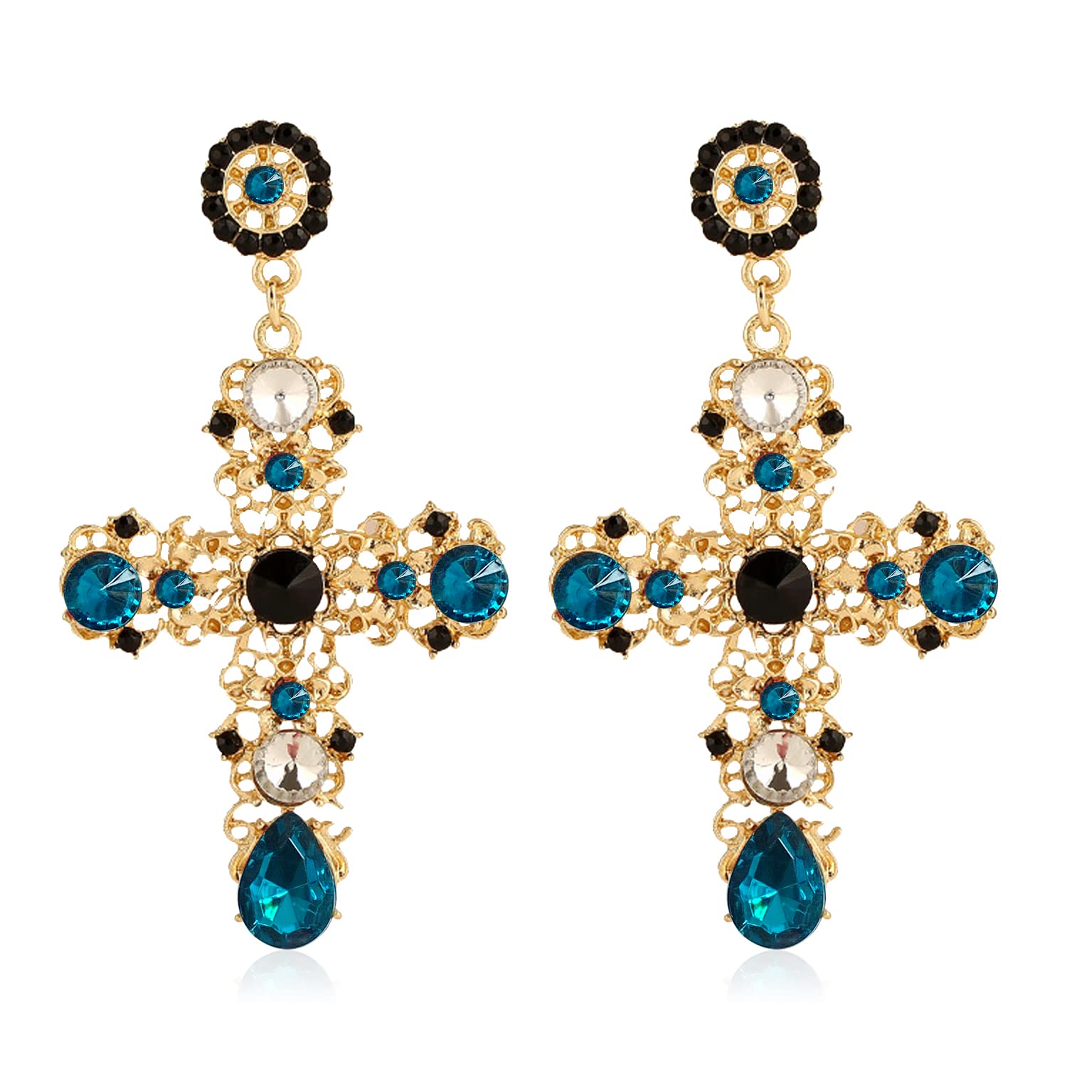 Stylish Gold Cross Red Heart Earrings with Sparkling Crystals - Baroque Hollow Drop Dangle Earrings for Women & Teens | Perfect for Parties, Gifts & Special Occasions