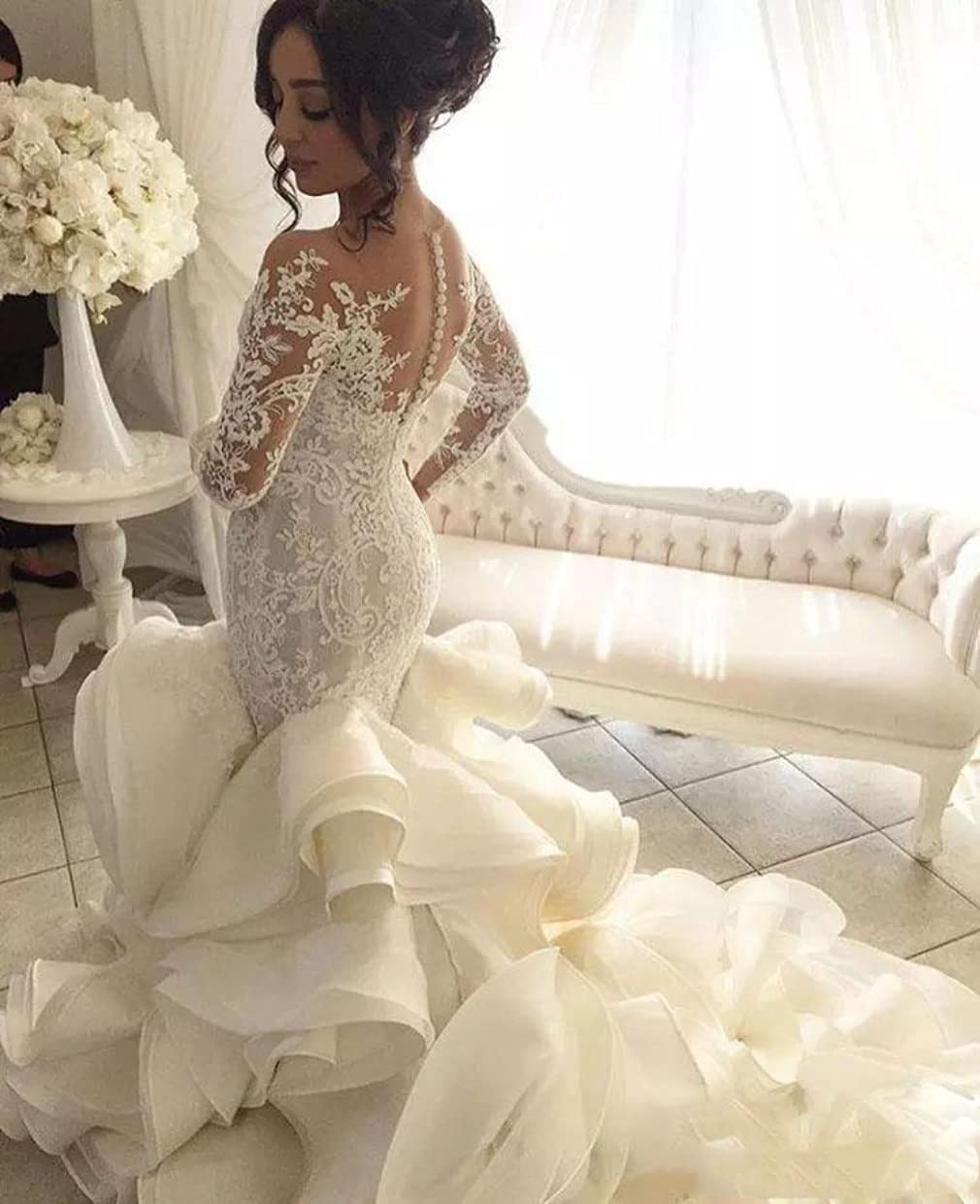 Plus Size Beach Wedding Dresses - Elegant Lace Bridal Ball Gowns with Ruffles & Long Train Mermaid Style for Curvy Brides | Long Sleeve Formal Gowns for Beach Weddings, Destination Ceremonies & Romantic Photos