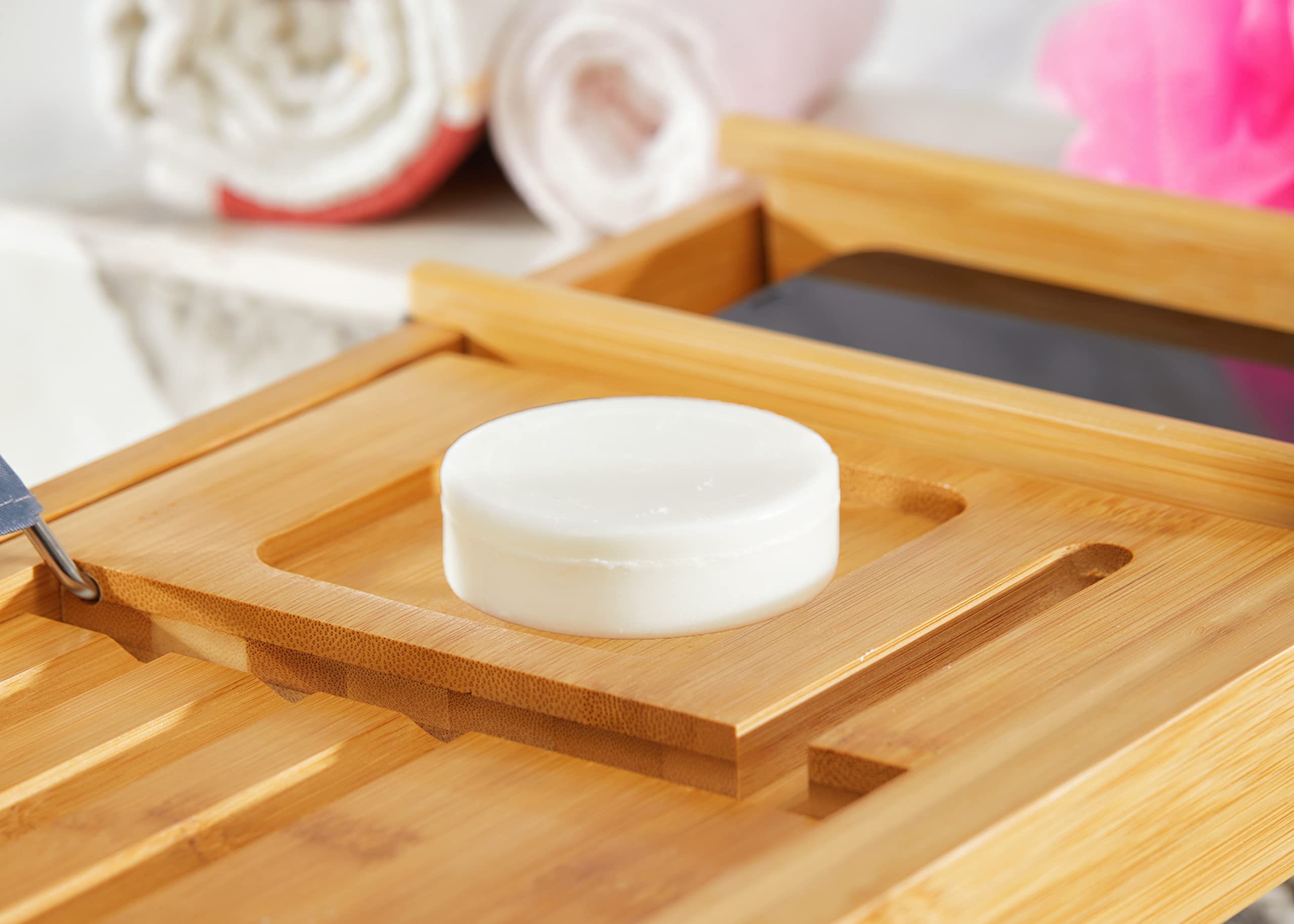 RoyalHouse Expandable Bamboo Bathtub Caddy Tray - Adjustable Bath Table Organizer with Wine Glass & Book Holder - Perfect for Relaxing Baths, Spa Days & Gift Giving (Phone Stand Included)