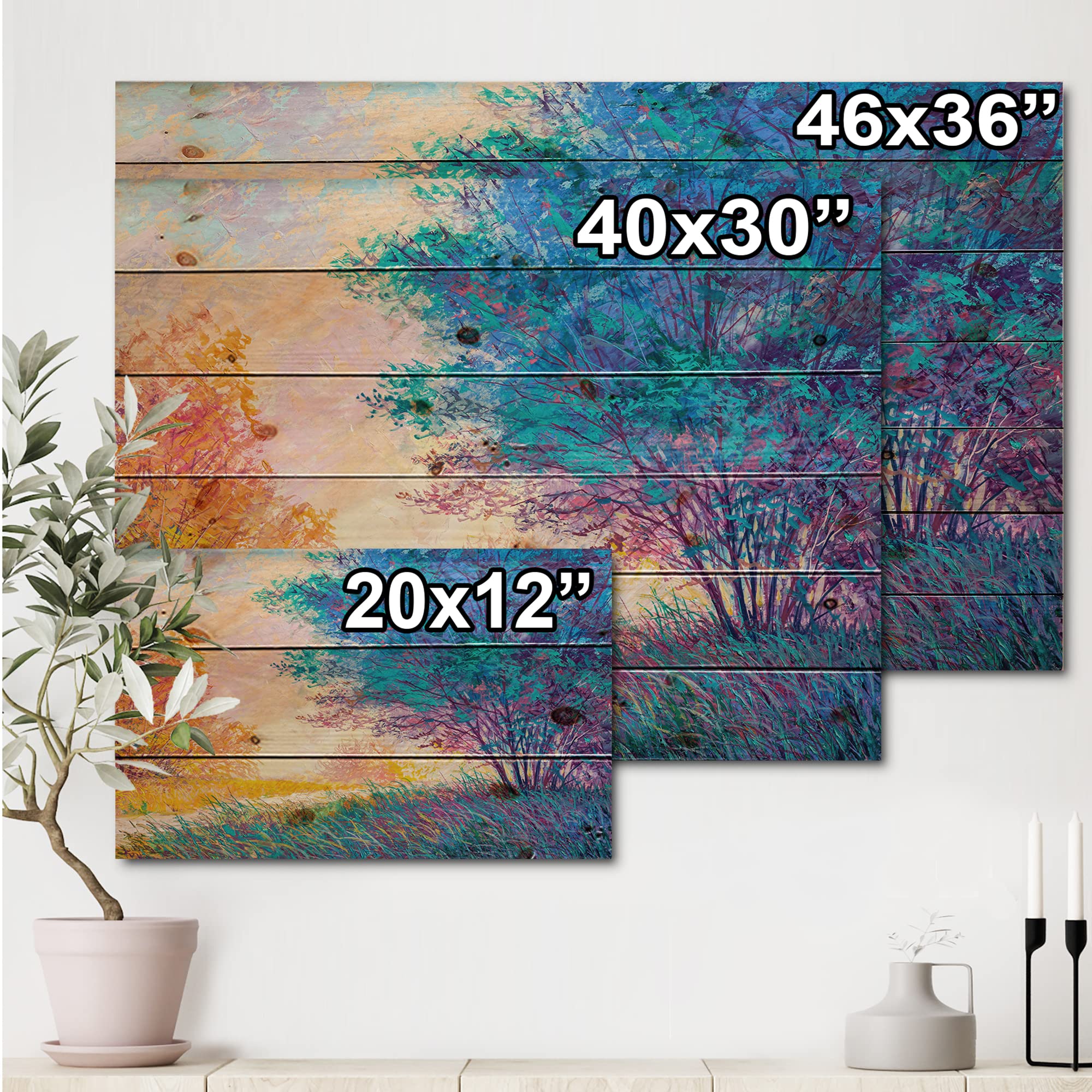 DesignQ Autumn Sunset Landscape Wood Wall Art - Traditional Blue Wooden Wall Decor, Large Pine Wood Panel Print - Perfect for Living Room, Bedroom & Office Decor