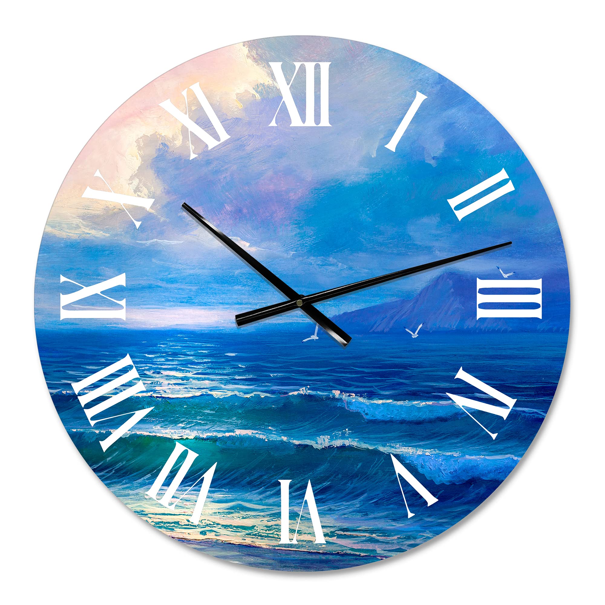 DesignQ Nautical Coastal Wall Clock - 'Morning Sunlight on Sea Waves' Blue Round Clock for Living Room, Kitchen, Office & Beach House Decor | Silent Non-Ticking, Battery Operated