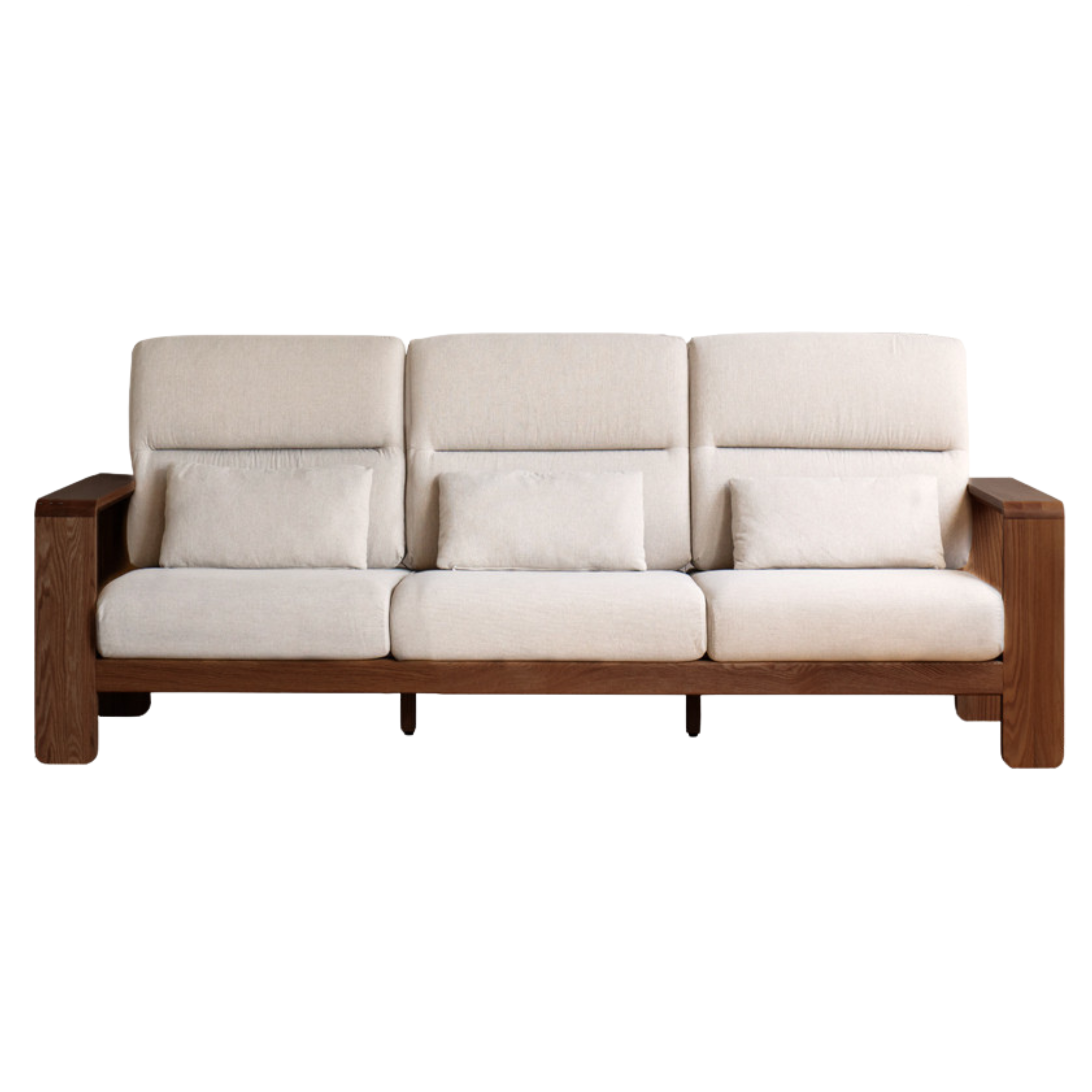 95.6x35.8x38.1 inch / 243x91x97 cm / Walnut color / Small three-seater fabric sofa imitation cotton and linen