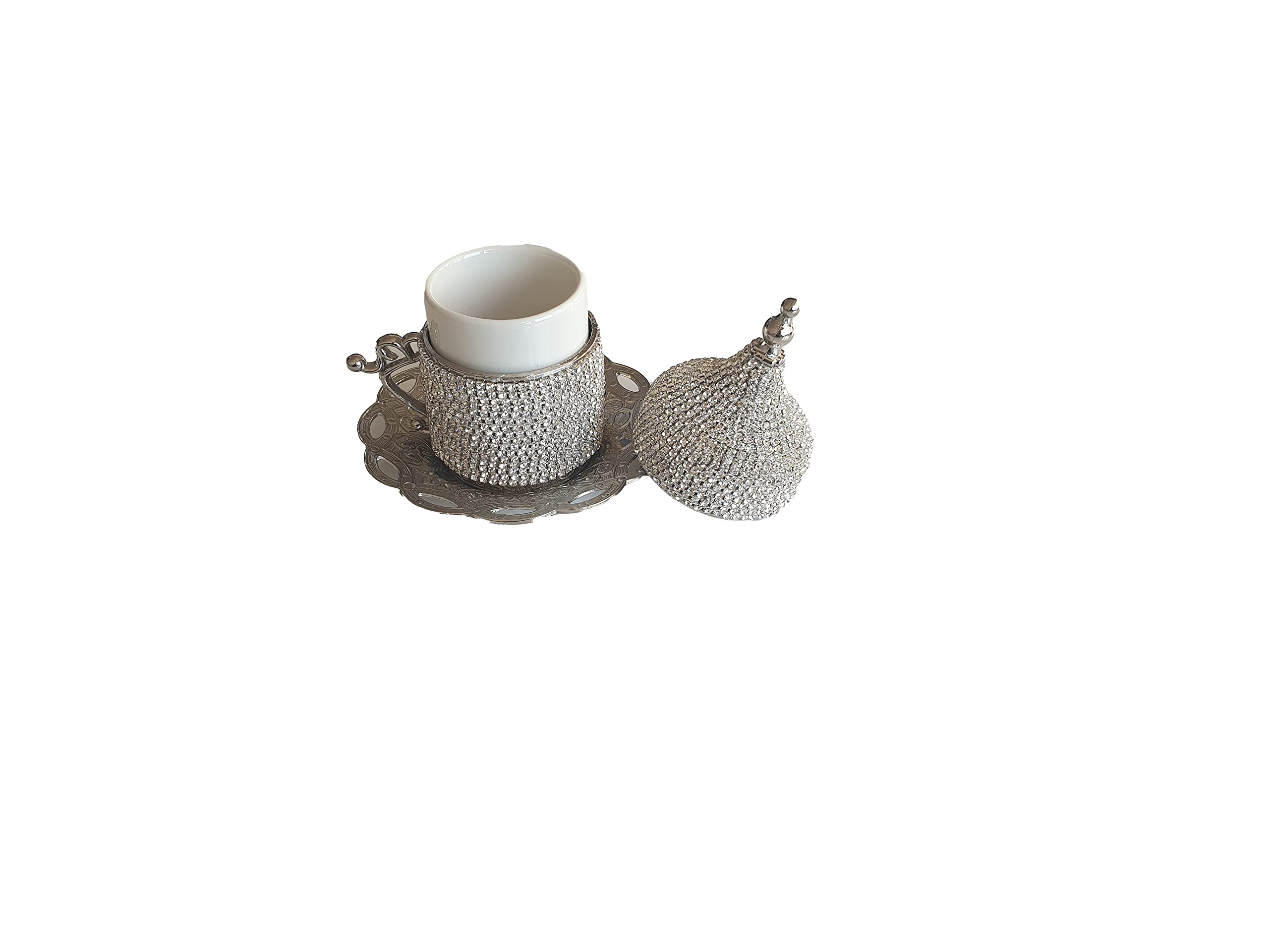 Premium Turkish Coffee Espresso Crystal Glass Cups Set - 6 Cups (27 Pc) & 2 Cups (11 Pc) with Elegant Silver Saucers - Perfect for Home Brewing, Gift Giving & Traditional Coffee Ceremonies
