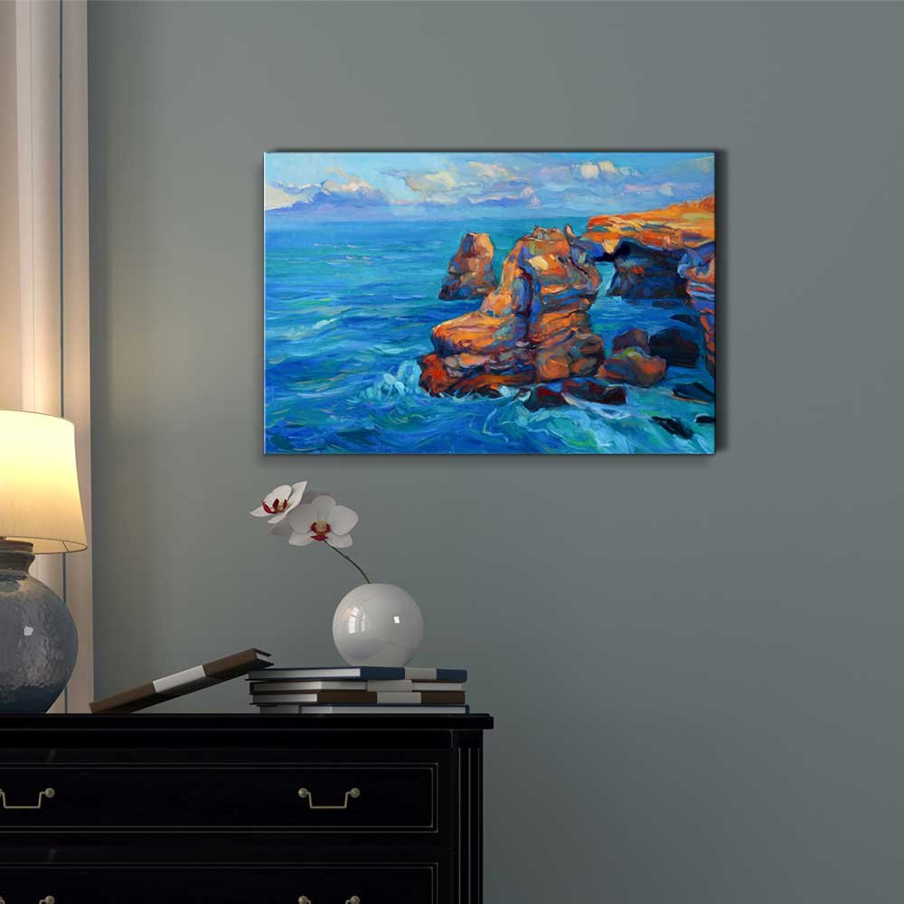 Abstract Oil Painting Cliffs and Ocean Canvas Print - Modern Impressionist Wall Art for Home Decor, 32x48 Inch Ready to Hang Giclee Wrapped Canvas - Perfect for Living Room, Bedroom & Office