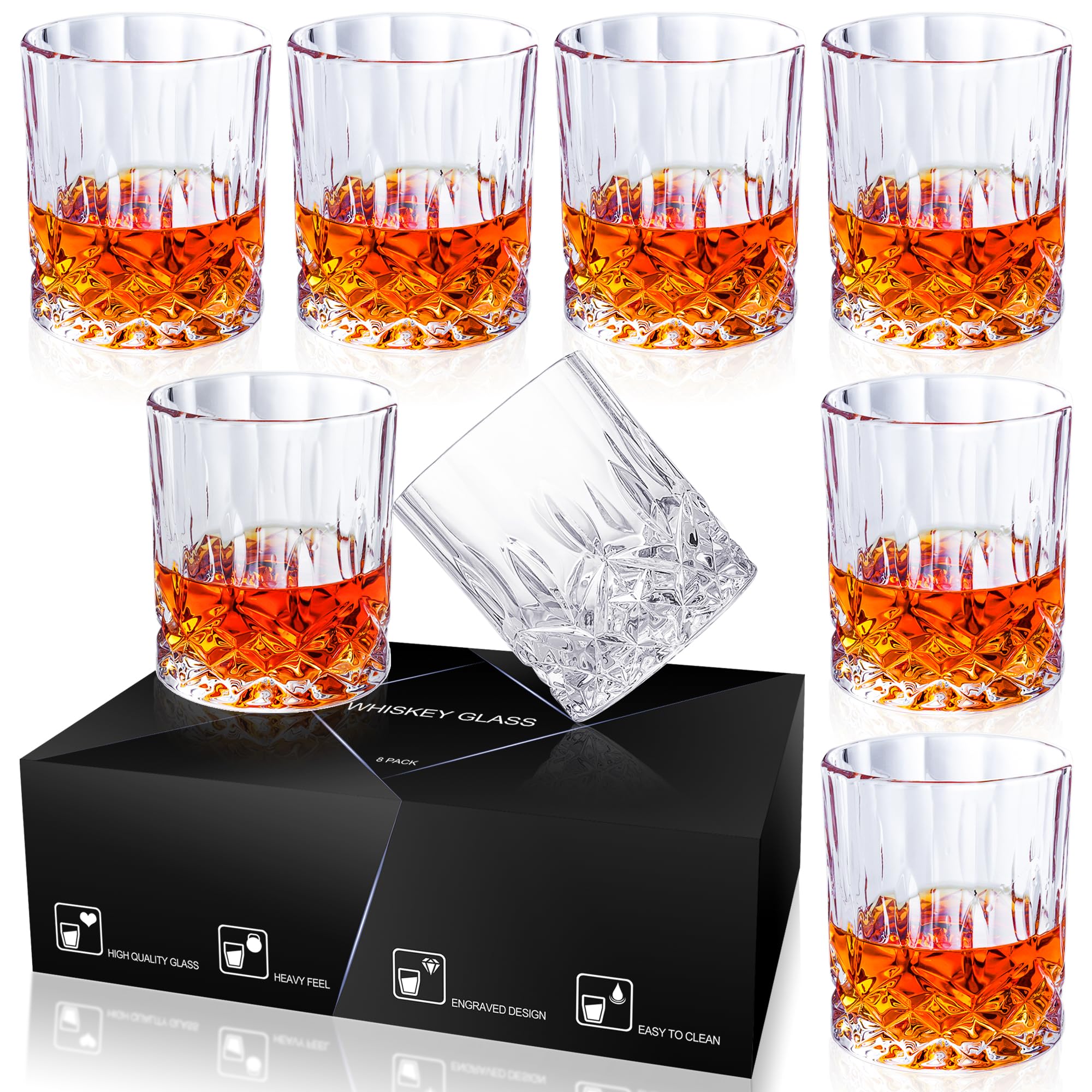 8-Piece Whiskey Glass Set - 11oz Old Fashioned Rocks Glasses for Bourbon, Scotch & Cocktails - Perfect Gift for Men
