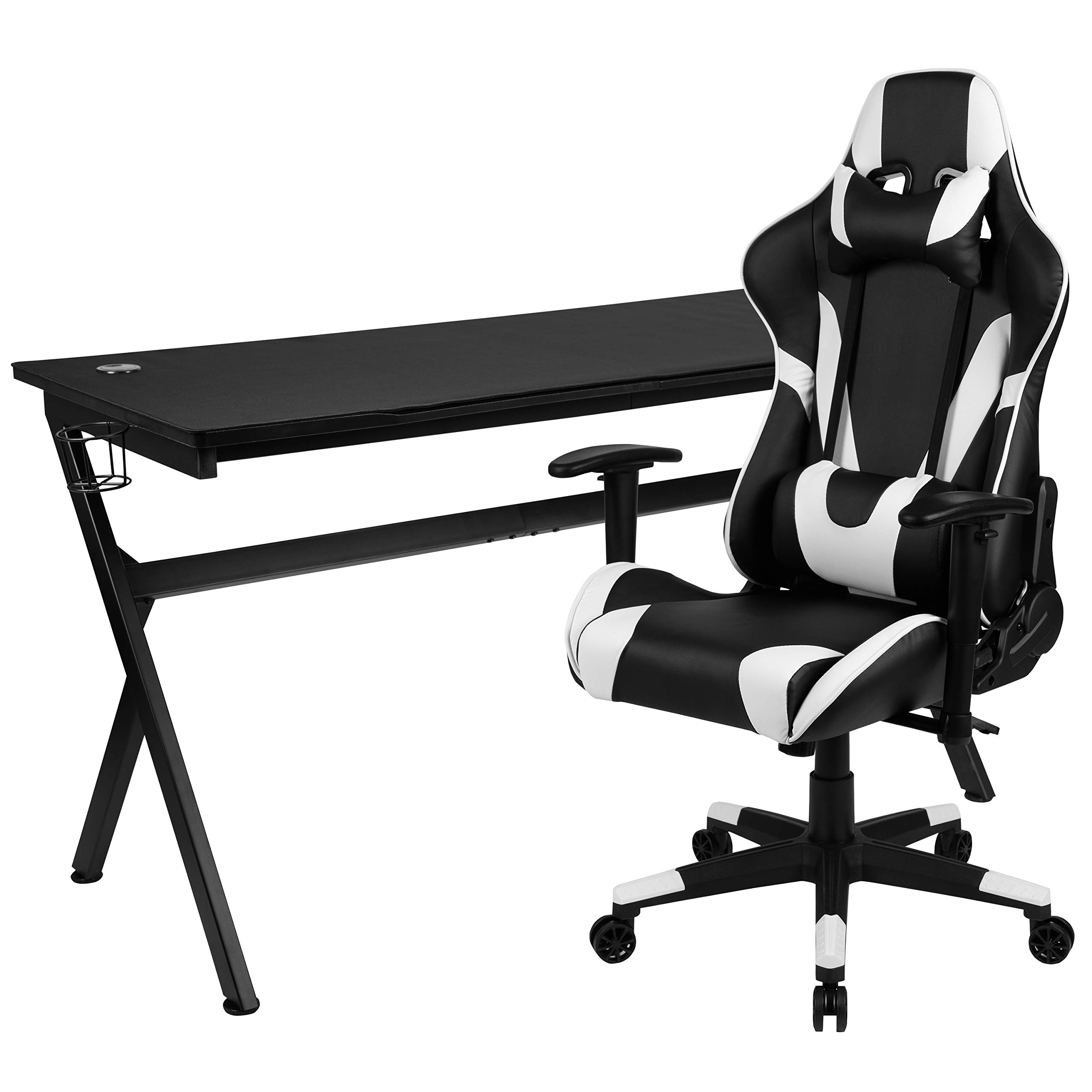 EMMA + OLIVER Black Gaming Desk Bundle with Cup Holder, Headset Stand & Mouse Pad - Ergonomic Computer Desk for Home Office, Streaming & Esports Setup