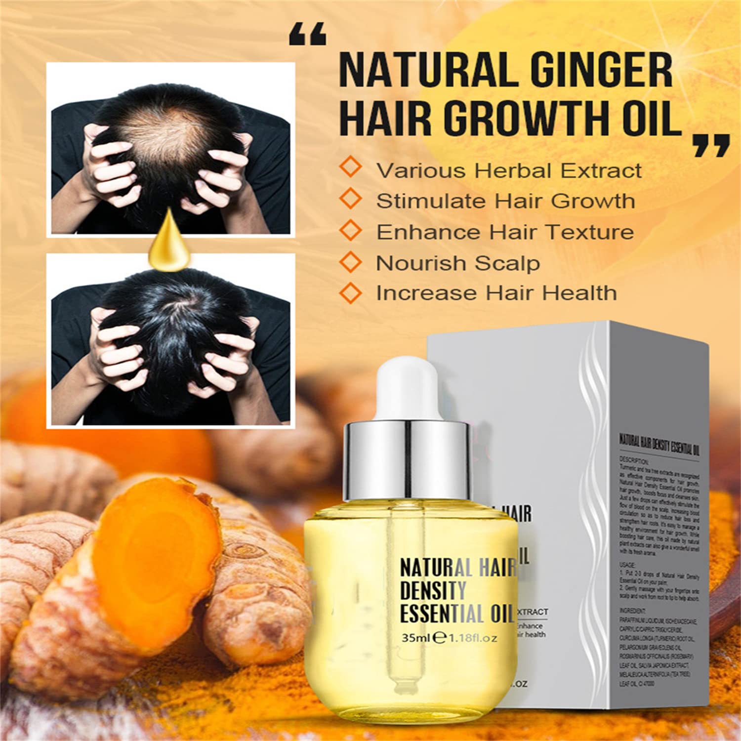 Natural Ginger Hair Growth Serum for Thinning Hair - Essential Oil Treatment for Men & Women | Promotes Hair Density & Scalp Health | Perfect for Daily Hair Care Routine & Styling Prep