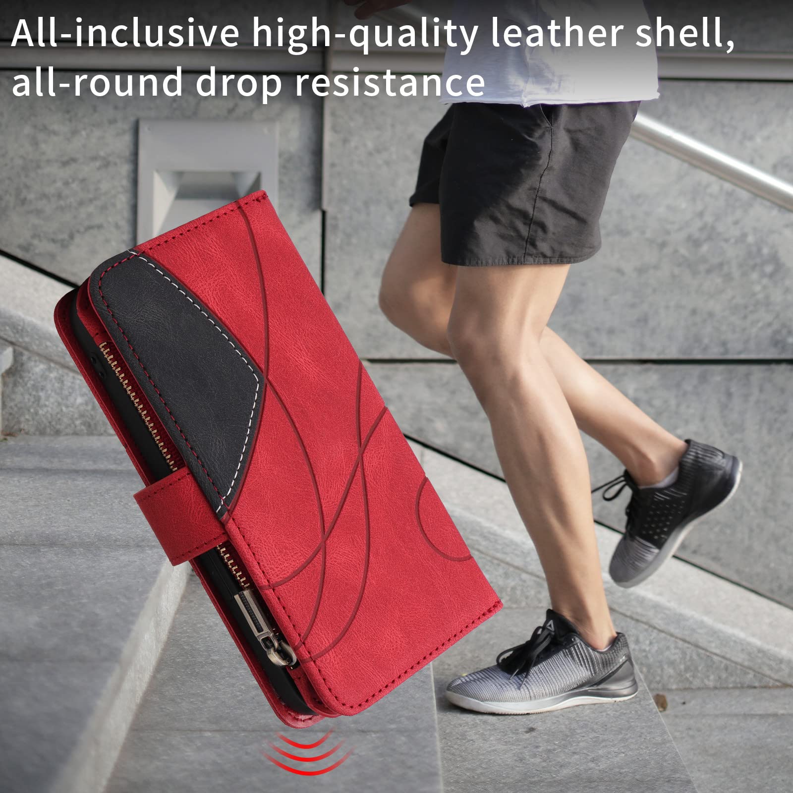 XYZ PU Leather Flip Wallet Case for OnePlus Nord N20 5G & Oppo A96 5G - Zipper Purse Phone Cover with 9 Card Slots & Wrist Strap (Red) | Perfect for Travel, Shopping & Everyday Use