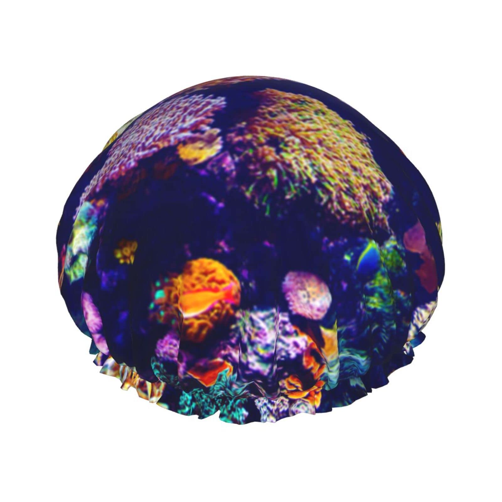**Reusable Waterproof Shower Cap for Women - Coral Reef Fish Design, Double Layer Bathing Hair Cap for Swimming, Spa & Travel**