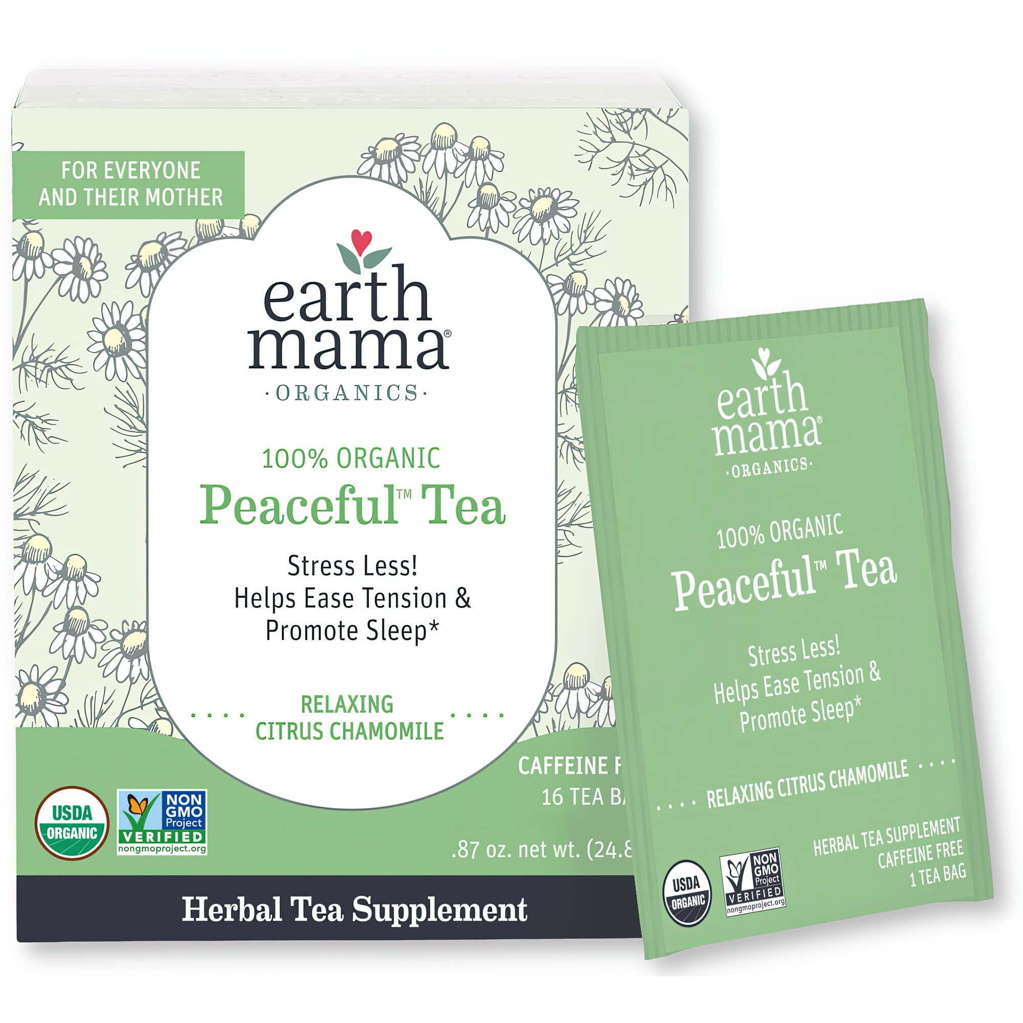 Earth Mama Organic Peaceful Tea - Stress Relief & Relaxation Herbal Tea, Safe for Pregnancy & Nursing, 16 Tea Bags | Perfect for Evening Relaxation & Pregnancy Wellness