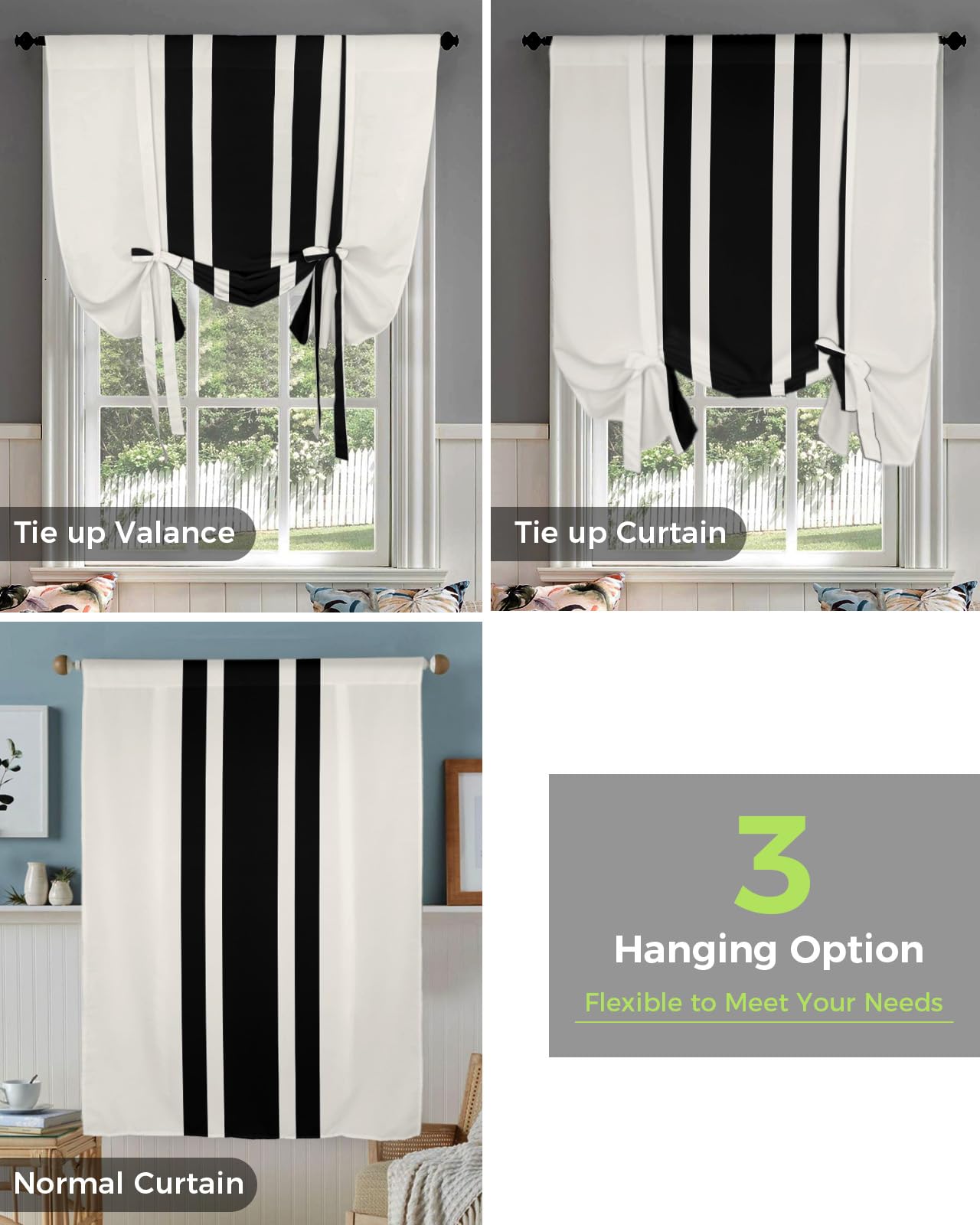 Black and White Striped Balloon Window Shade Curtain - Rustic Farmhouse Style Rod Pocket Short Curtain for Small Windows (42x63 Inch) | Adjustable Tie-Up Design for Kitchen, Living Room & Countryside Decor | Christmas Holiday Home Decoration