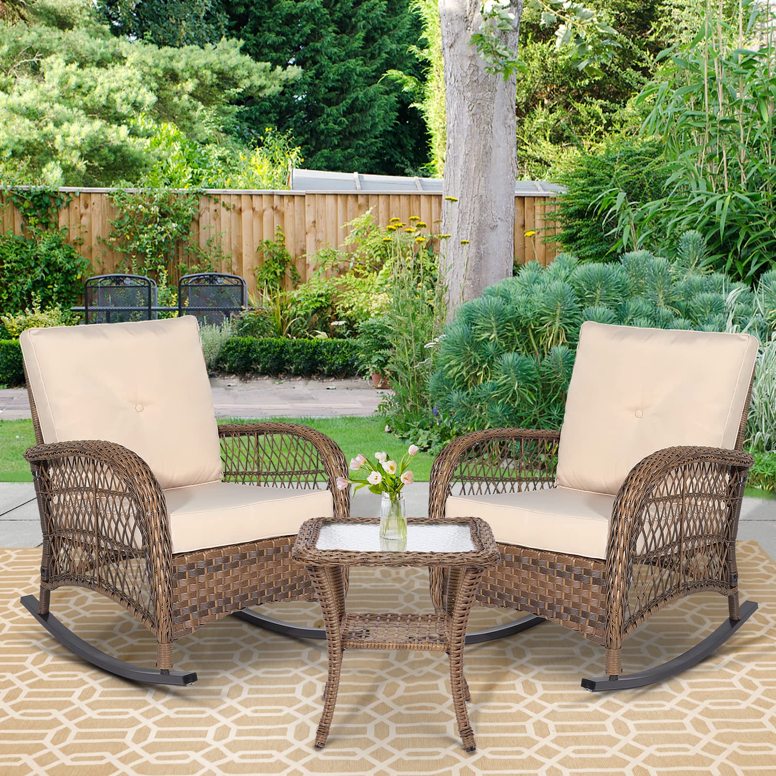 3-Piece Outdoor Patio Bistro Rocking Chair Set - Rattan Wicker Rocker Chairs with Cushions & Glass-Top Coffee Table - Beige Conversation Set for Porch, Backyard, Garden & Poolside Relaxation