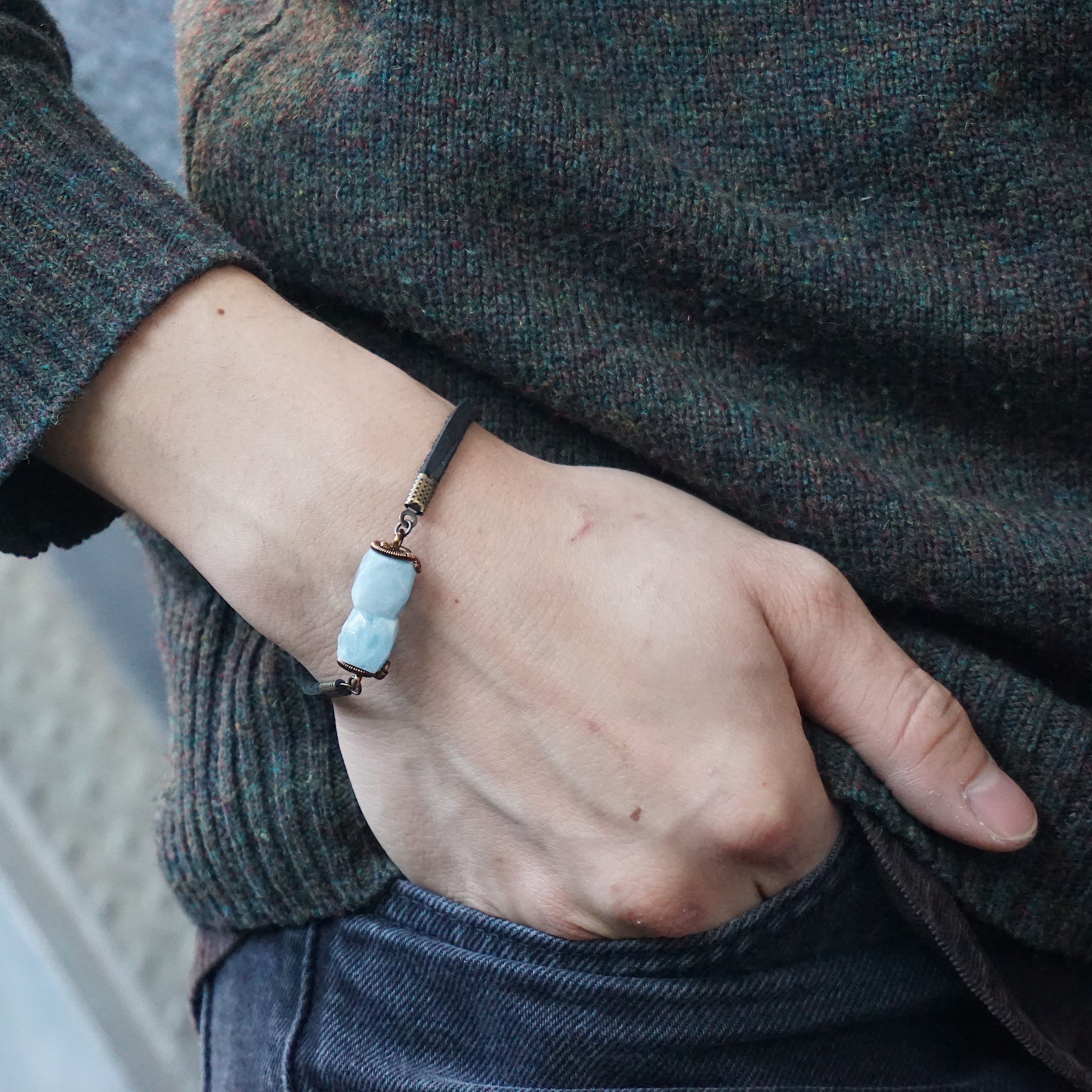 Elegant Aquamarine Bracelet with Black Leather Cord - Perfect for Casual Wear, Gifts & Boho Style Jewelry