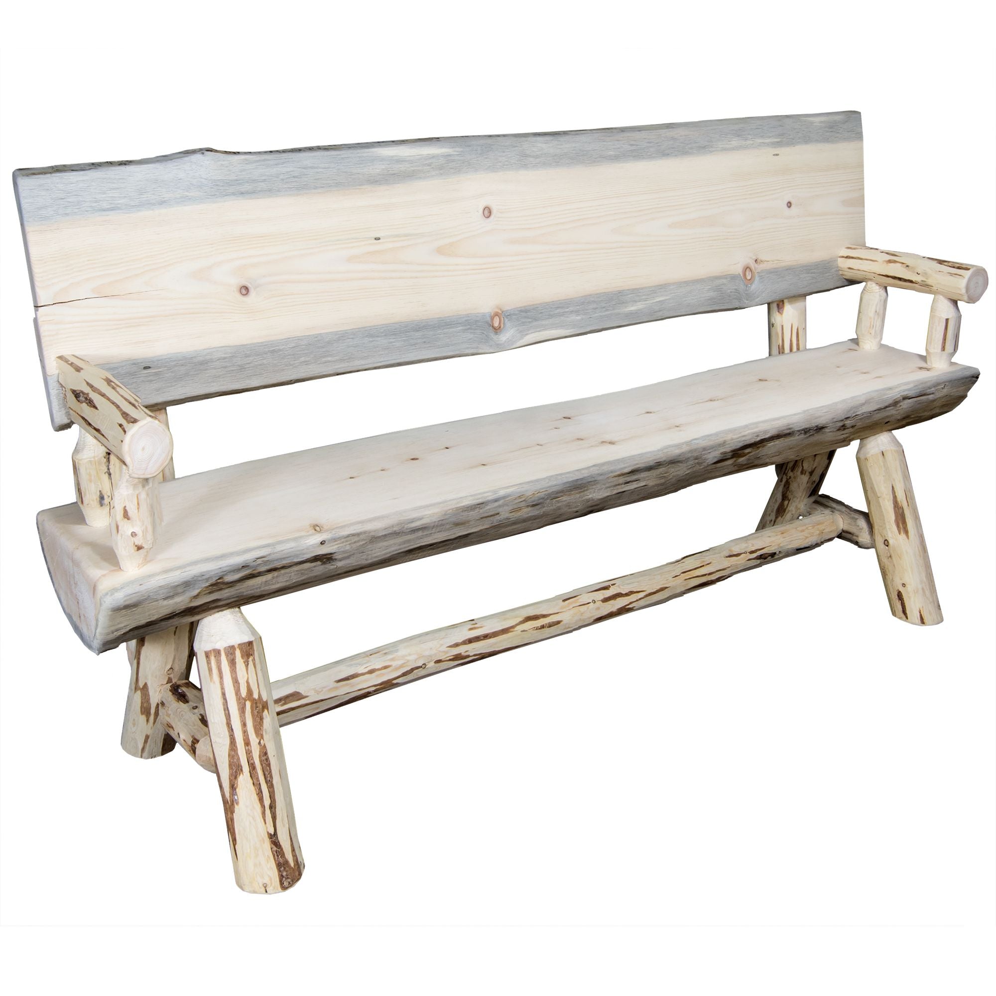Montana Half Log Bench with Back & Arms - 5 Foot Rustic Outdoor Seating for Patio, Garden, or Camping