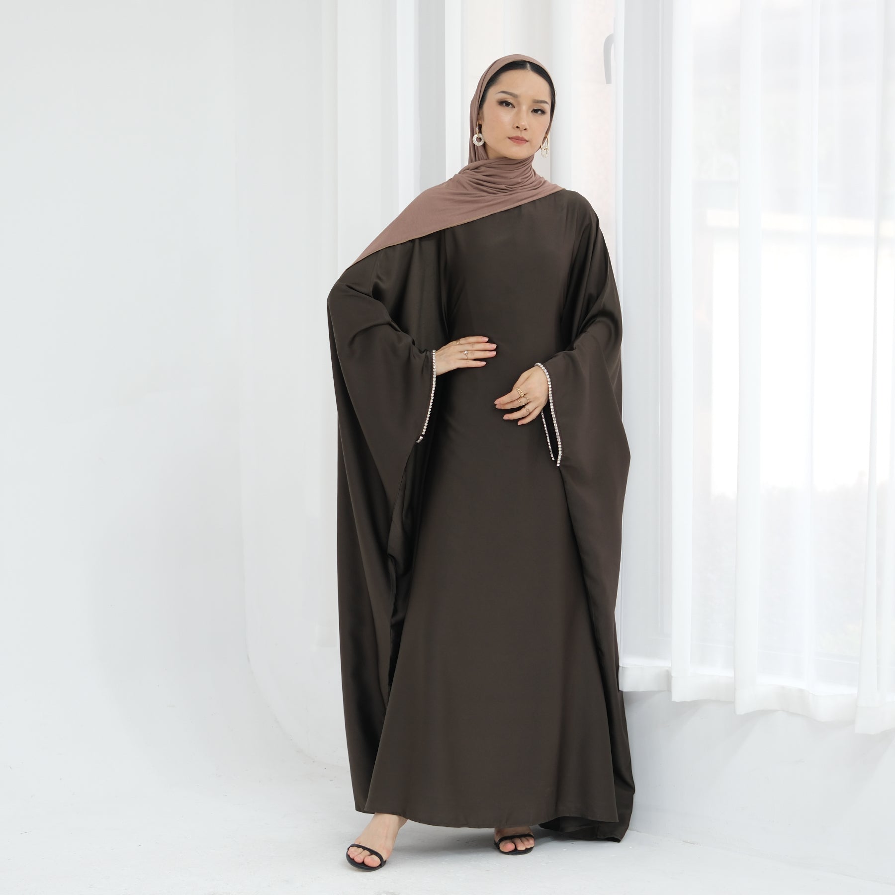 Davina Butterfly Satin Abaya Coffee - Elegant Muslim Prayer Dress for Women, Modest Long Sleeve Kaftan for Special Occasions & Daily Wear