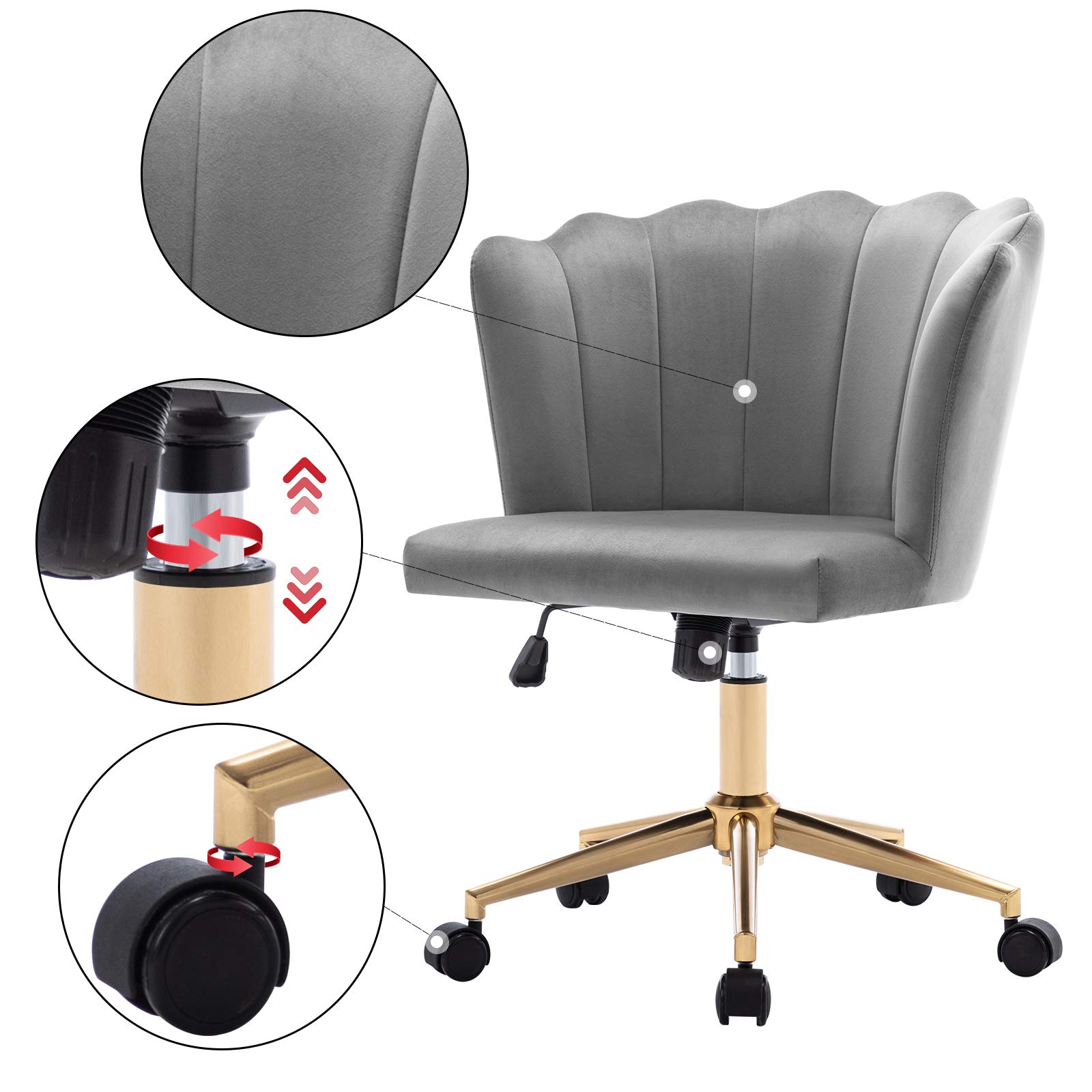 DUHOME Modern Velvet Fabric Office Chair - Adjustable Swivel Desk Chair with Gold Base for Home & Workspace | Grey Accent Chair for Comfortable Working & Studying