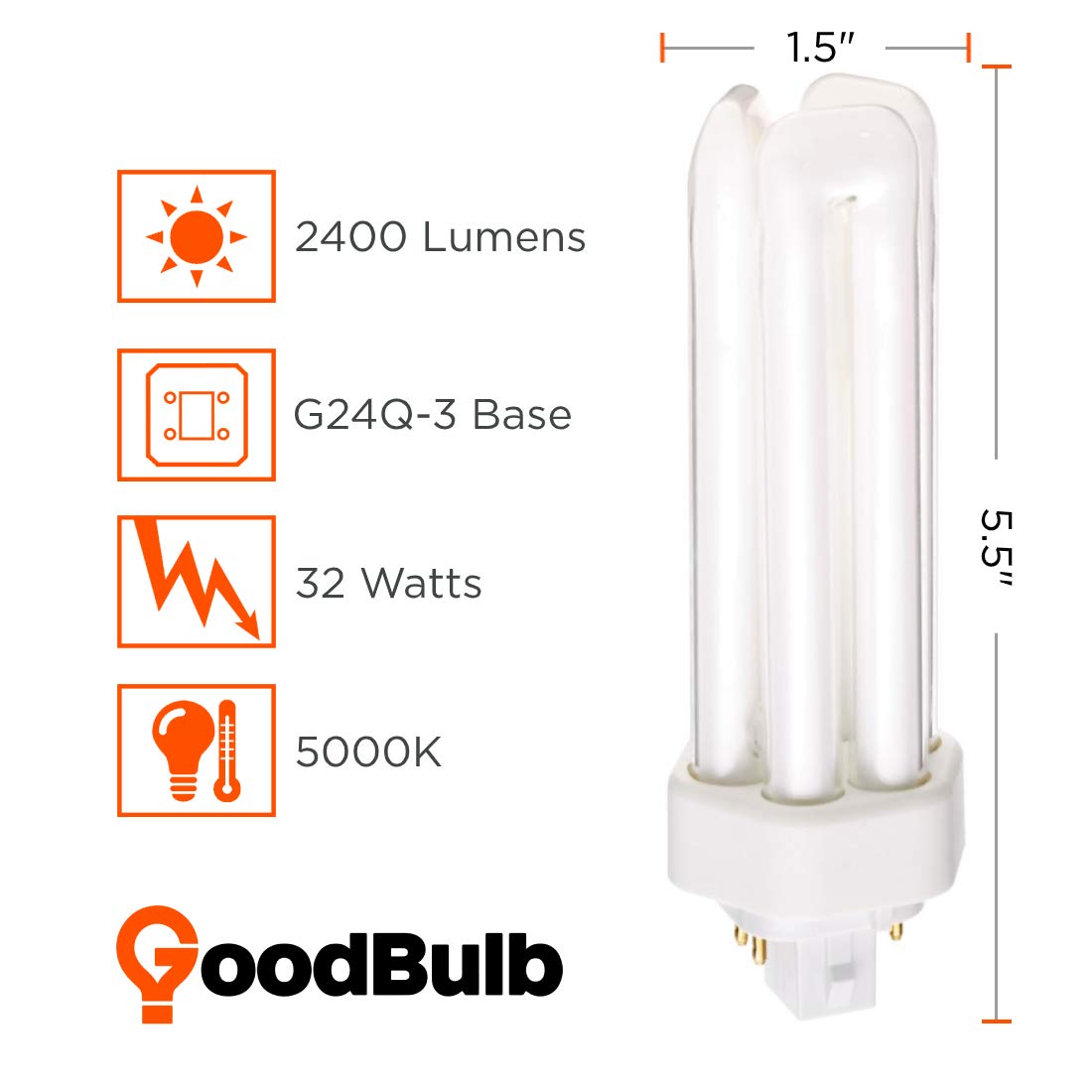 GoodBulb 32W CFL Light Bulbs 4-Pin GX24Q-3 Base | 5000K Daylight | 2400 Lumens High Output | Triple Tube Compact Fluorescent Plug-in Bulbs (10-Pack) - Perfect for Car Dealerships, Retail Stores & Commercial Lighting