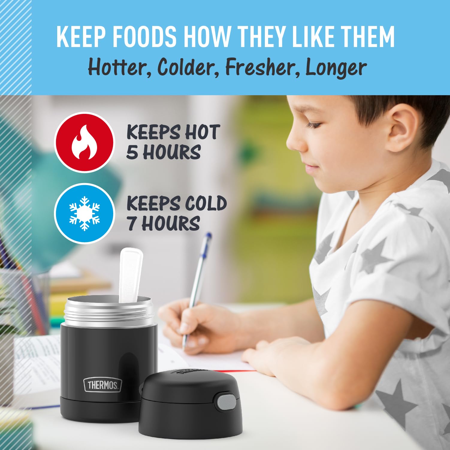 THERMOS FUNTAINER 10oz Insulated Food Jar for Kids - Leak Proof Stainless Steel Lunch Container with Foldable Spoon - Perfect for School Lunches, Picnics & Travel (Black)