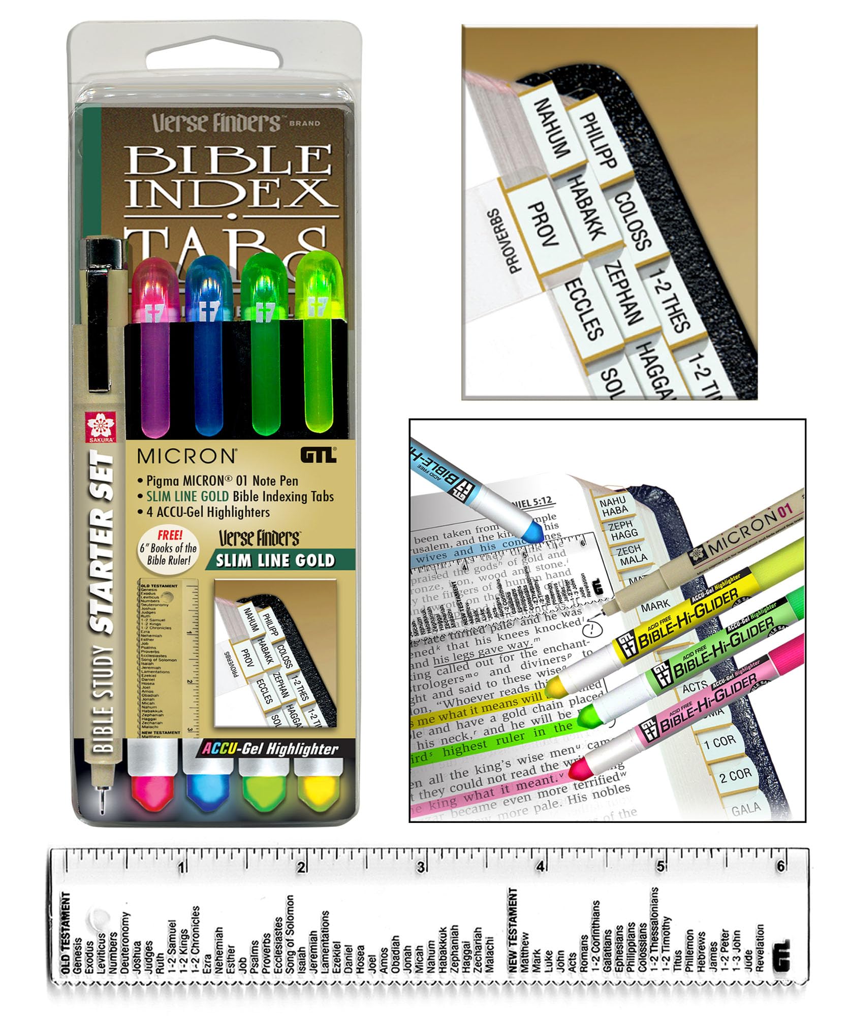 Accu-Gel Bible Highlighter & Pigma Micron Bible Study Starter Set - No Bleed Pigmented Ink, Fine Point Black Pen & Gel Highlighter for Scripture Marking | Includes Slim Gold Verse Finder Bible Tabs | Perfect for Bible Journaling, Scripture Study & Church Note Taking