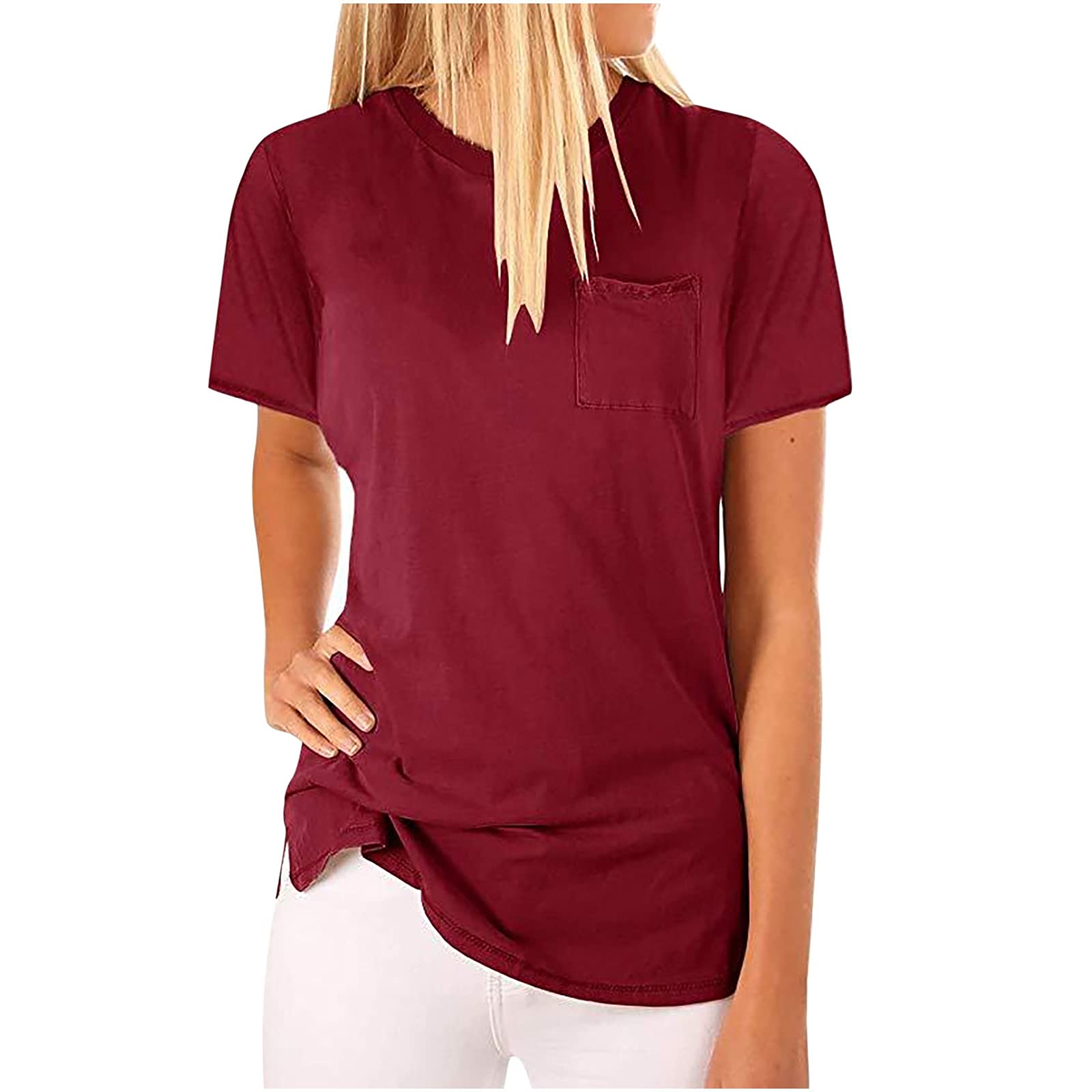 JEGULV Women's Basic Solid Color Short Sleeve T-Shirts - Soft Cotton V-Neck Pocket Tee for Casual Wear, Work & Everyday Outfits