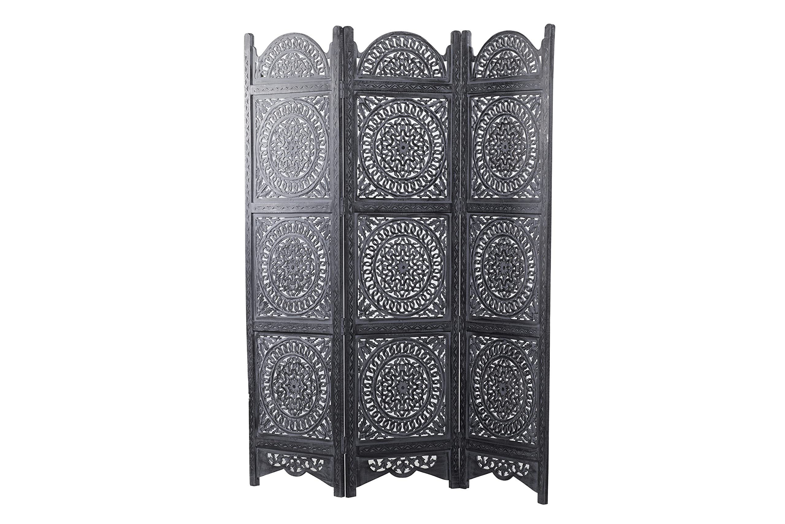 Handmade Wooden Floral Room Divider Screen - 3-Panel Foldable Privacy Partition with Intricate Carvings, 60
