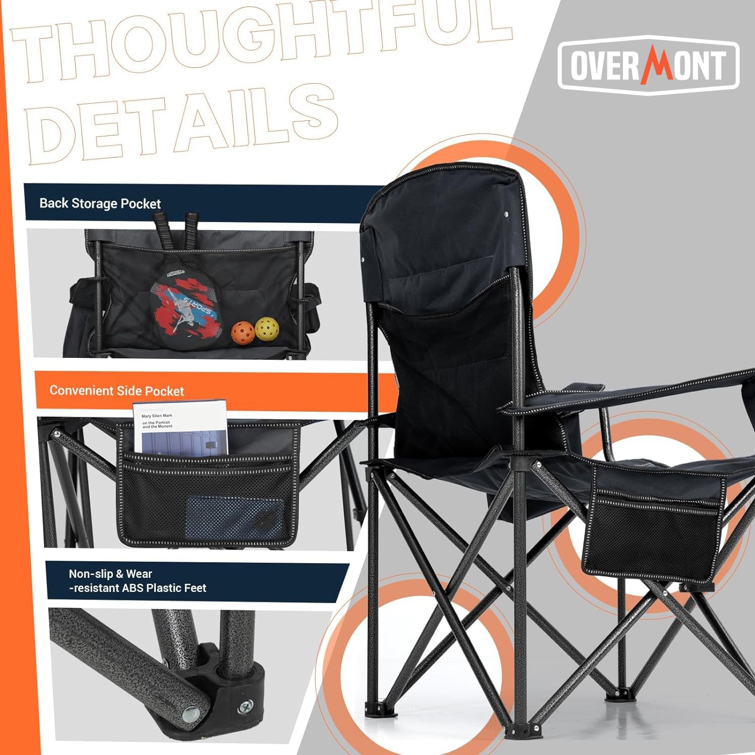 Overmont Heavy Duty Oversized Folding Camping Chairs 2-Pack - 450lbs Weight Capacity with Padded Seat & Cooler Pockets - Portable Collapsible Chairs for Outdoor Sports, Beach, Fishing, Picnics, Backyard, Camping & Garden Relaxation
