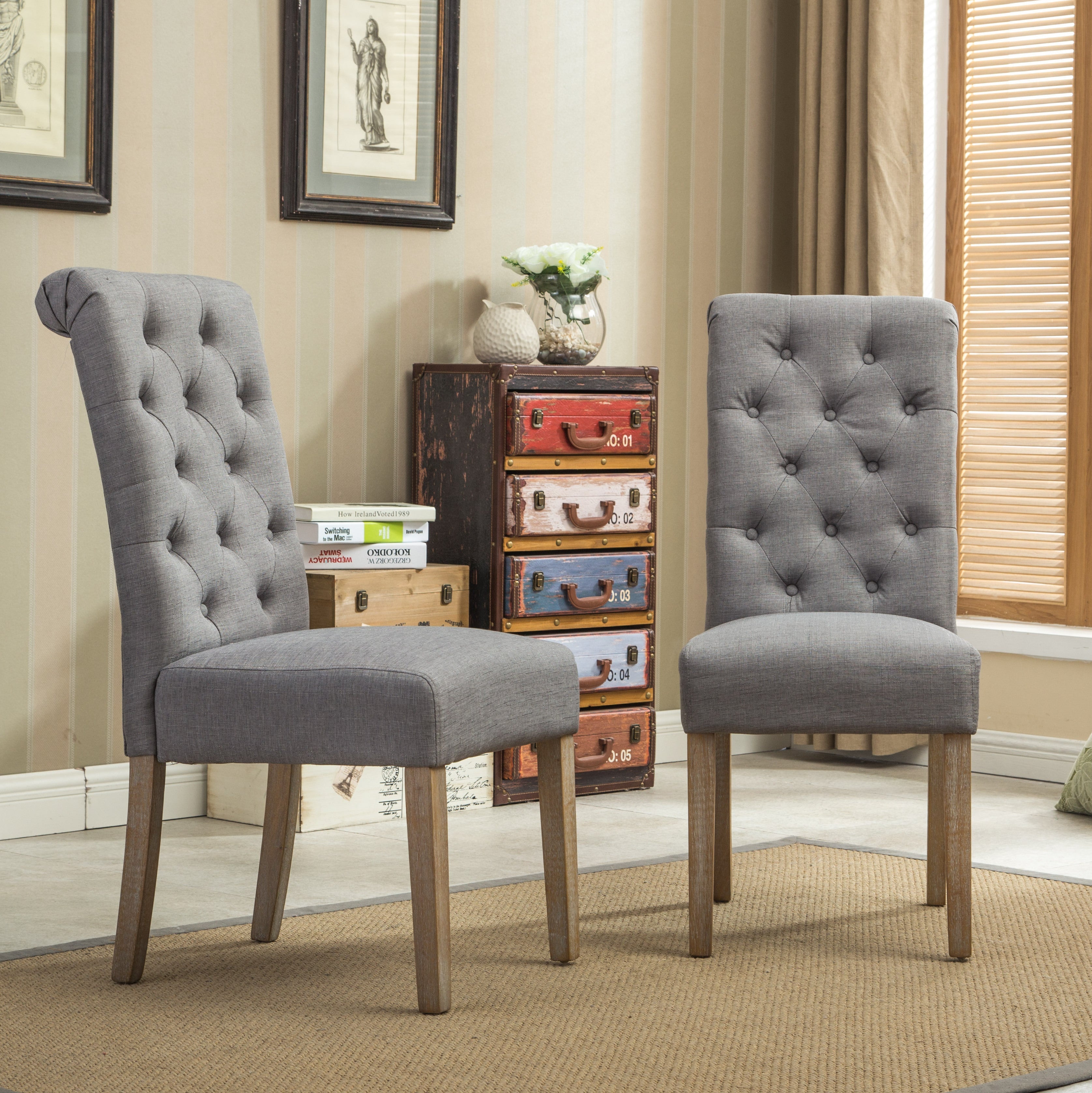 Roundhill Furniture Solid Wood Tufted Parsons Dining Chairs - Set of 2, Grey - Modern Farmhouse Style for Dining Room, Kitchen, or Home Office