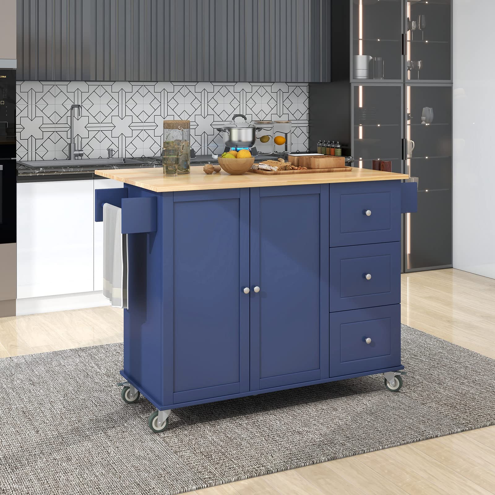 Tmosi Rolling Kitchen Island Cart with Storage - Mobile Kitchen Cabinet with Drop Leaf, Spice Rack, Towel Rack & Drawer - Perfect for Small Kitchens, Dining Rooms & Apartments (Dark Blue)