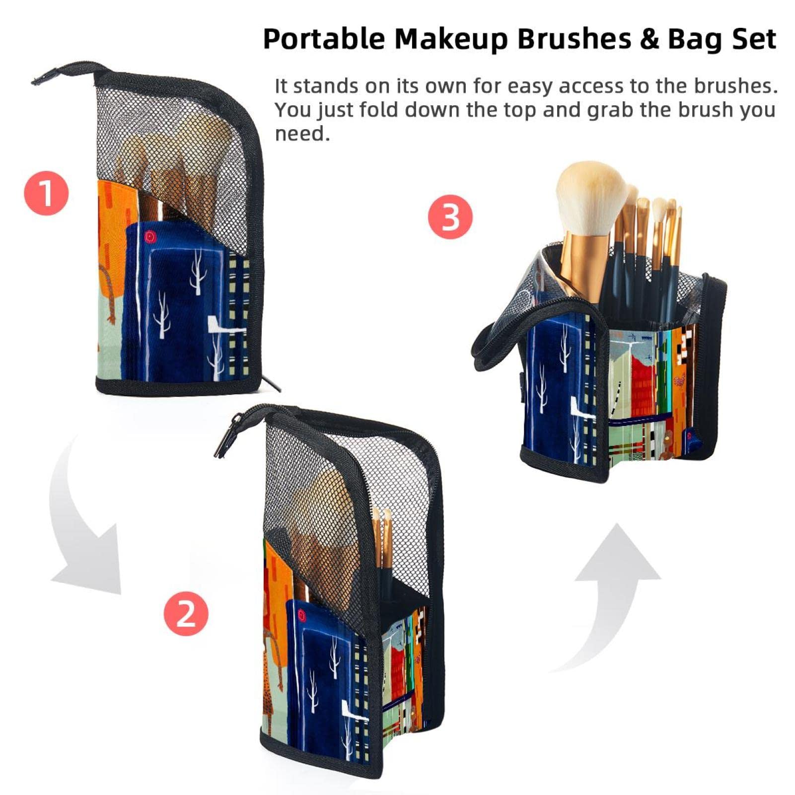 Premium 12-Piece Makeup Brush Set with Abstract African Print Organizer Bag - Portable Travel Makeup Brush Holder Case for Professional Artists & Beginners - Perfect for Home, Travel & Salon Use