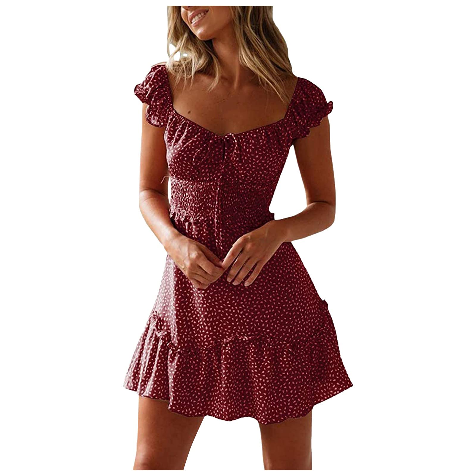 YUSDEE Women's Sexy Sundress - Pleated Mini Dress with Floral Print & V-Neckline for Summer - Wide Leg Dress Pants for Casual Wear, Beach Vacation & Date Night Outfits