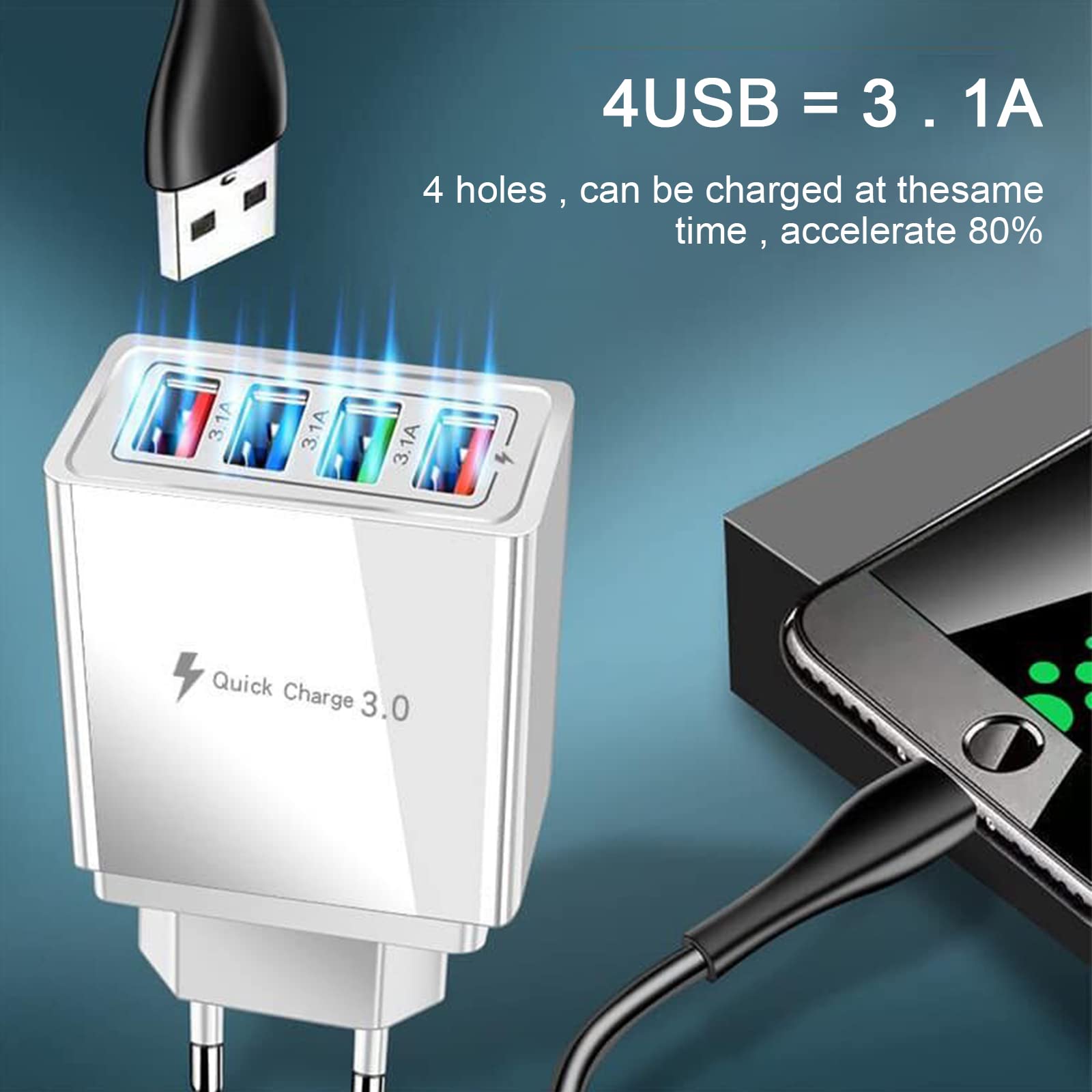 DIYARTS 4-Port USB Wall Charger UK Plug - Fast Multi USB Power Adapter for iPhone, Samsung, Android Smartphones - Perfect for Home, Office & Travel Charging