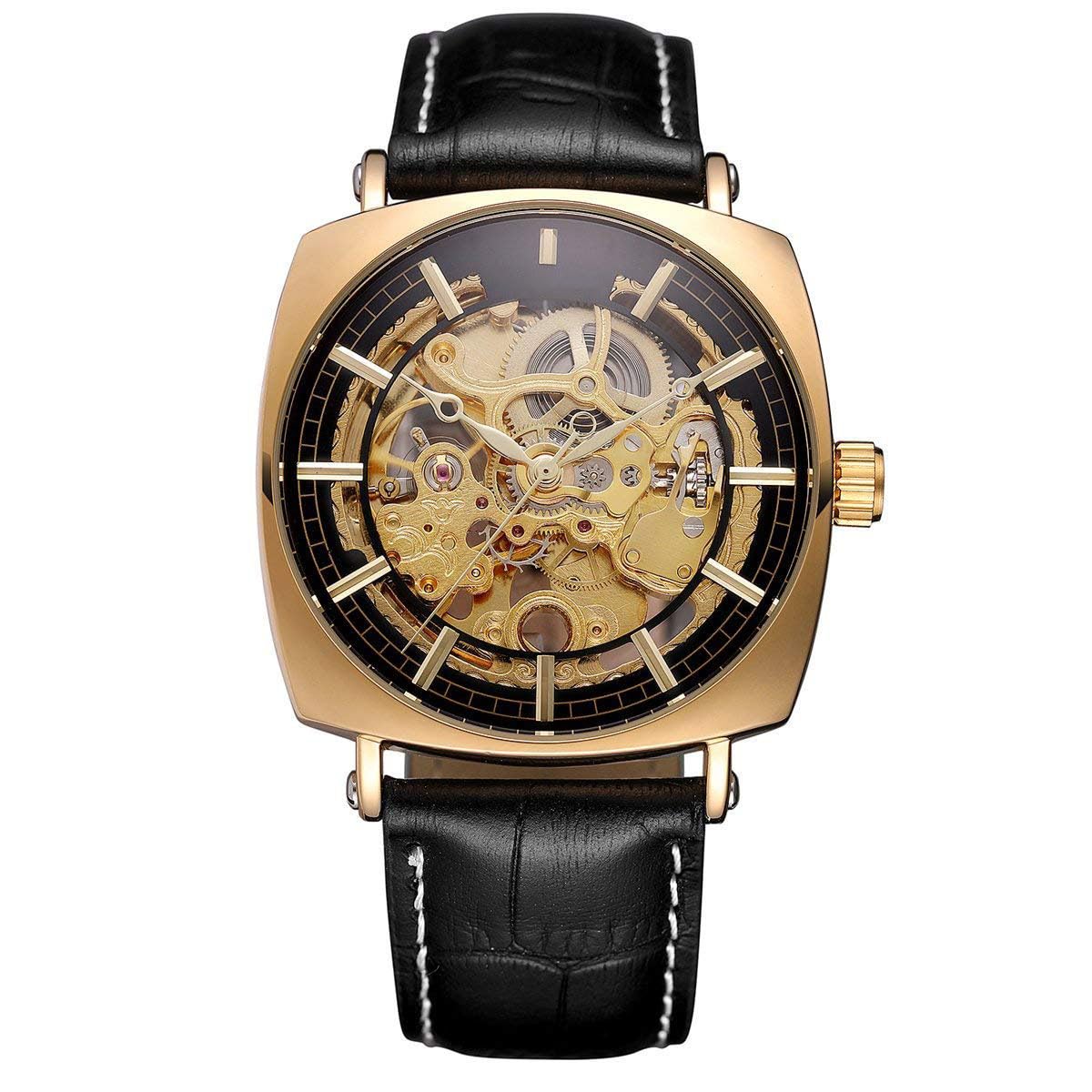 Carlien Luxury Men's Mechanical Skeleton Watch - Stainless Steel Golden Timepiece with Black Accents | Perfect for Business, Formal Events & Gift Giving