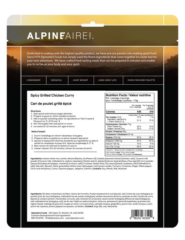 AlpineAire Spicy Grilled Chicken Curry - Freeze Dried Backpacking Meal | High Protein Camping Food for Hiking, Emergency Preparedness & Outdoor Adventures