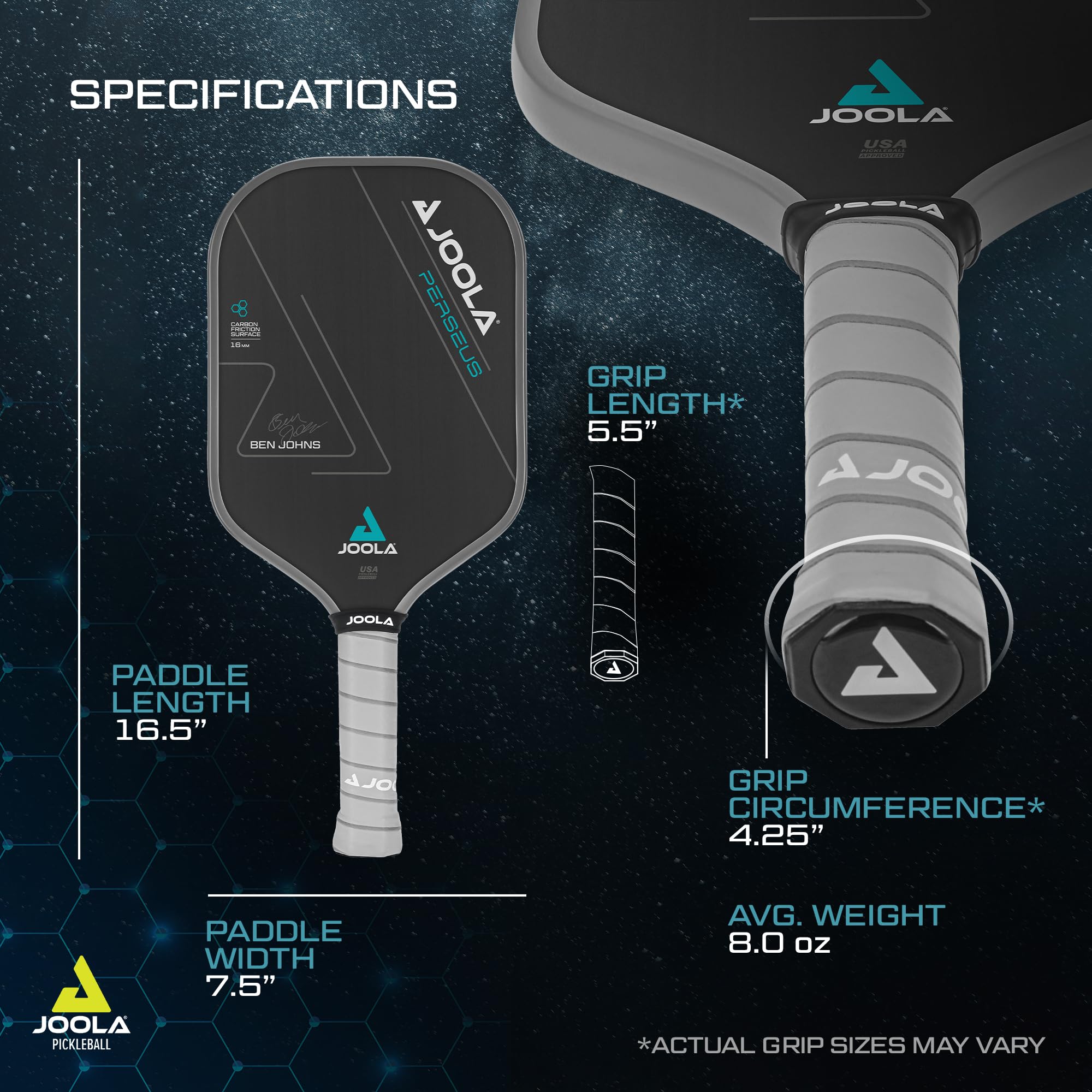 JOOLA Ben Johns Perseus Pickleball Paddle - USAPA Approved Carbon Fiber Paddle with Charged Surface Technology for Power & Control - Larger Sweet Spot for Enhanced Performance - Perfect for Competitive Play & Recreational Pickleball Games