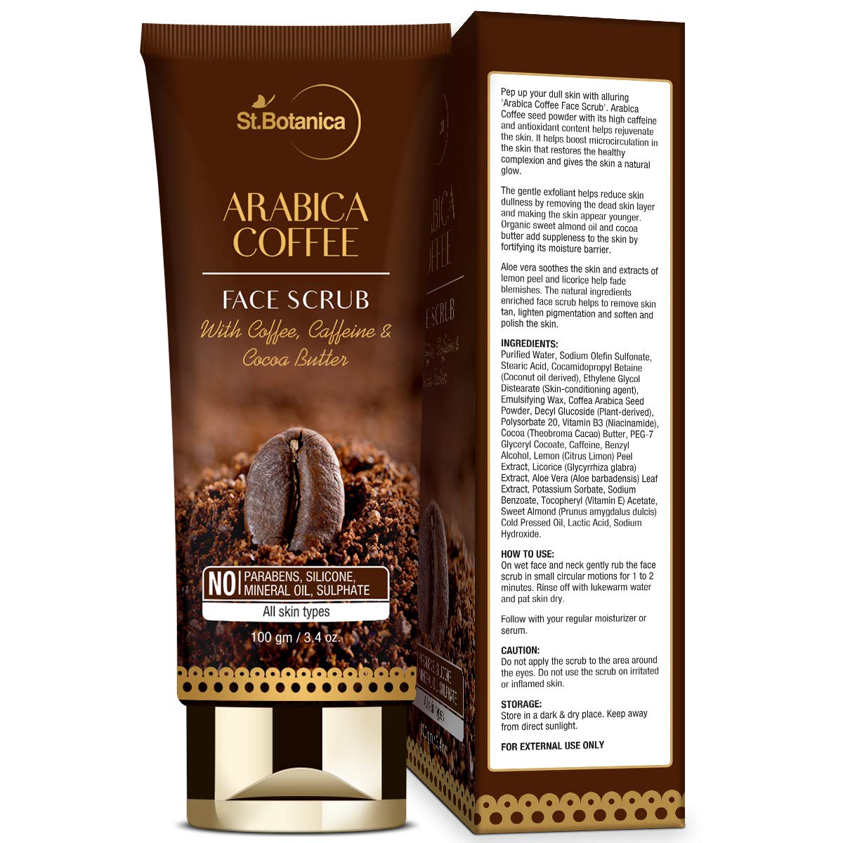 StBotanica Arabica Coffee Face Scrub 100g - Exfoliating Facial Cleanser with Coffee, Caffeine & Cocoa Butter | SLS & Paraben Free | Deep Cleansing for Glowing Skin | Perfect for Daily Skincare Routine