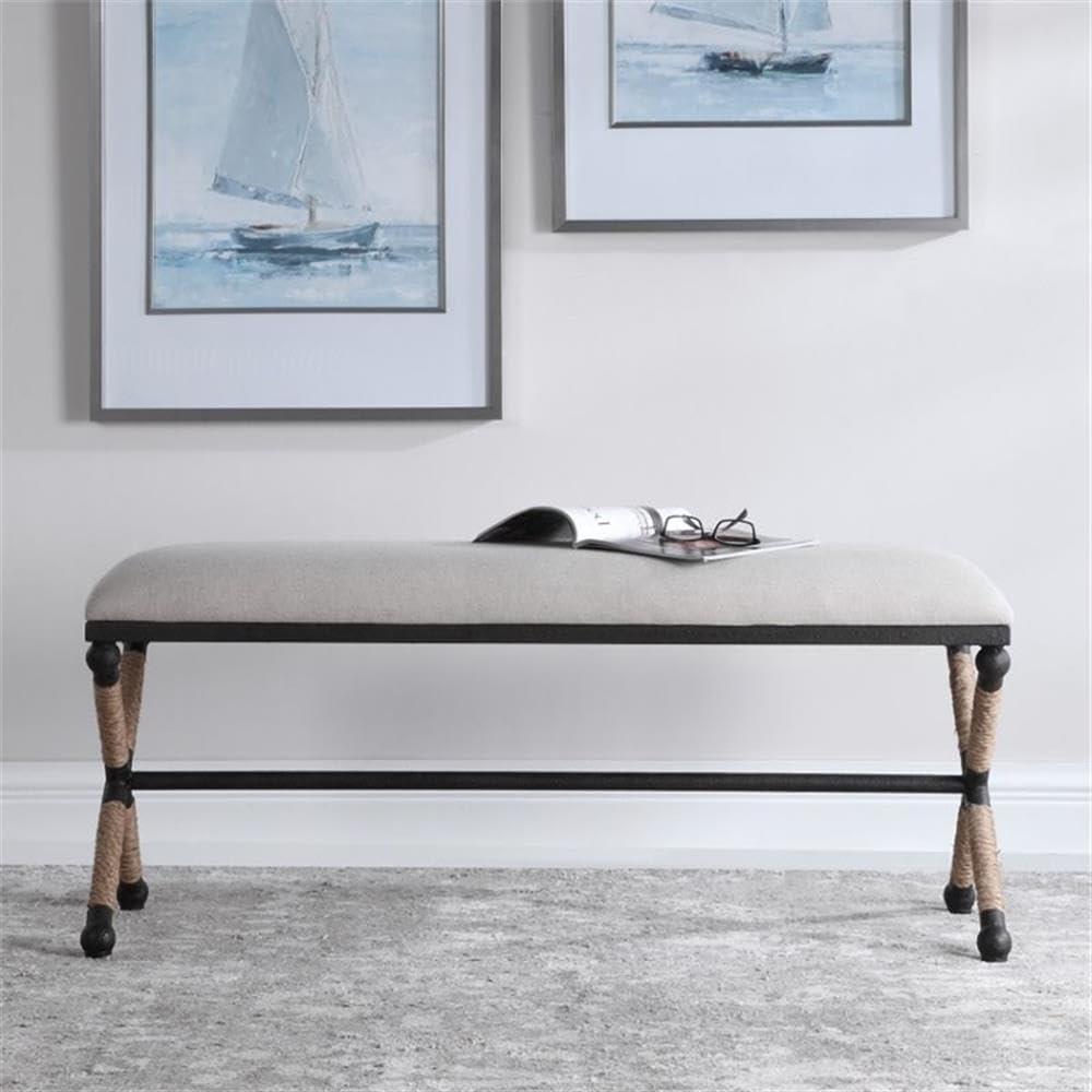 BOWERY HILL Modern Upholstered Iron Bench in Oatmeal - Stylish Entryway, Living Room, or Bedroom Seating Furniture for Home Decor