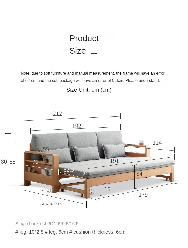 Solid Oak & Beech Wood Sleeper Sofa - Convertible Couch Bed for Living Room, Guest Room & Small Spaces - Durable & Stylish Furniture for Home & Office