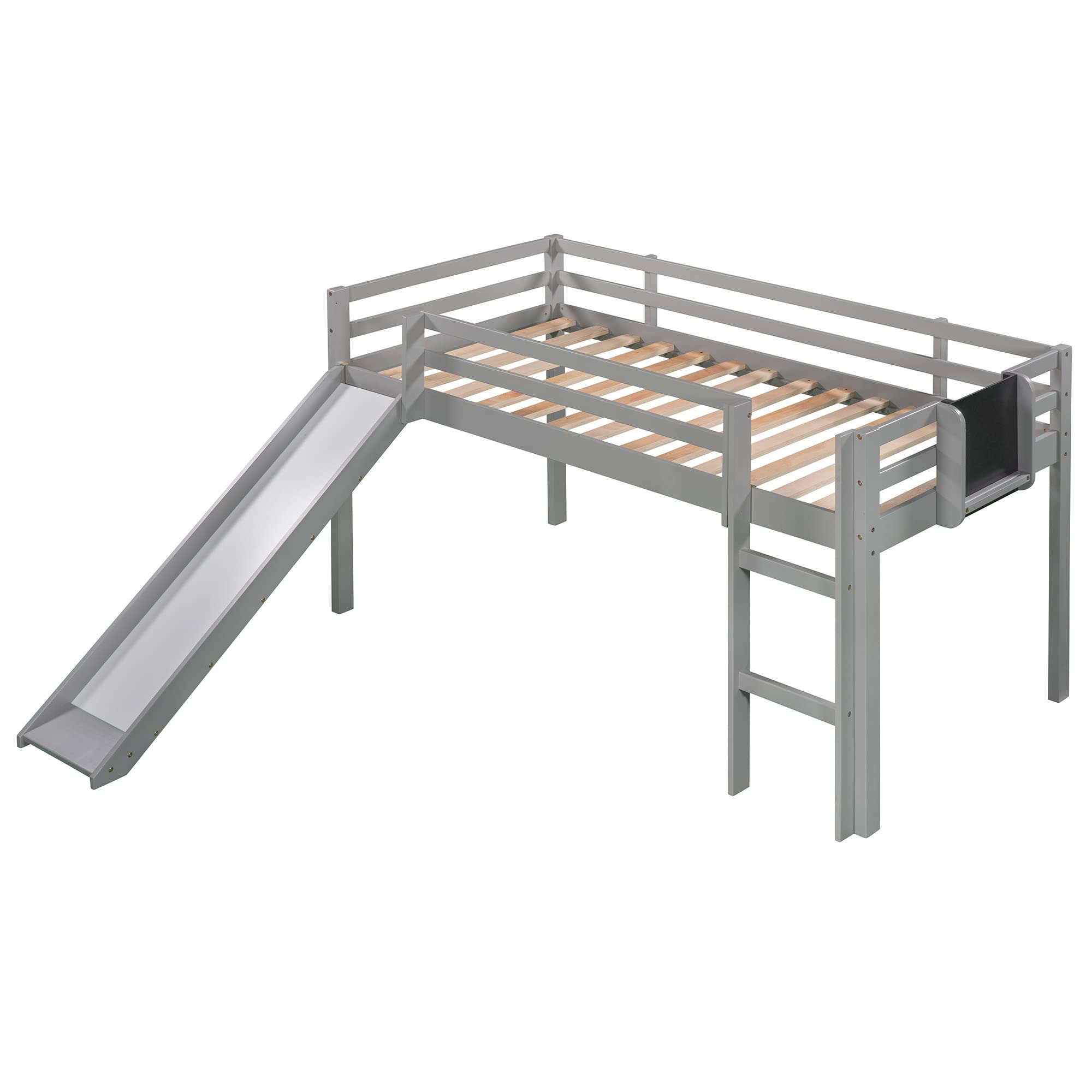 Bellemave Kids Loft Bed with Slide - Twin Size Wooden Loft Bed for Boys & Girls - Low Height with Chalkboard (Grey) - Perfect for Small Bedrooms & Playrooms