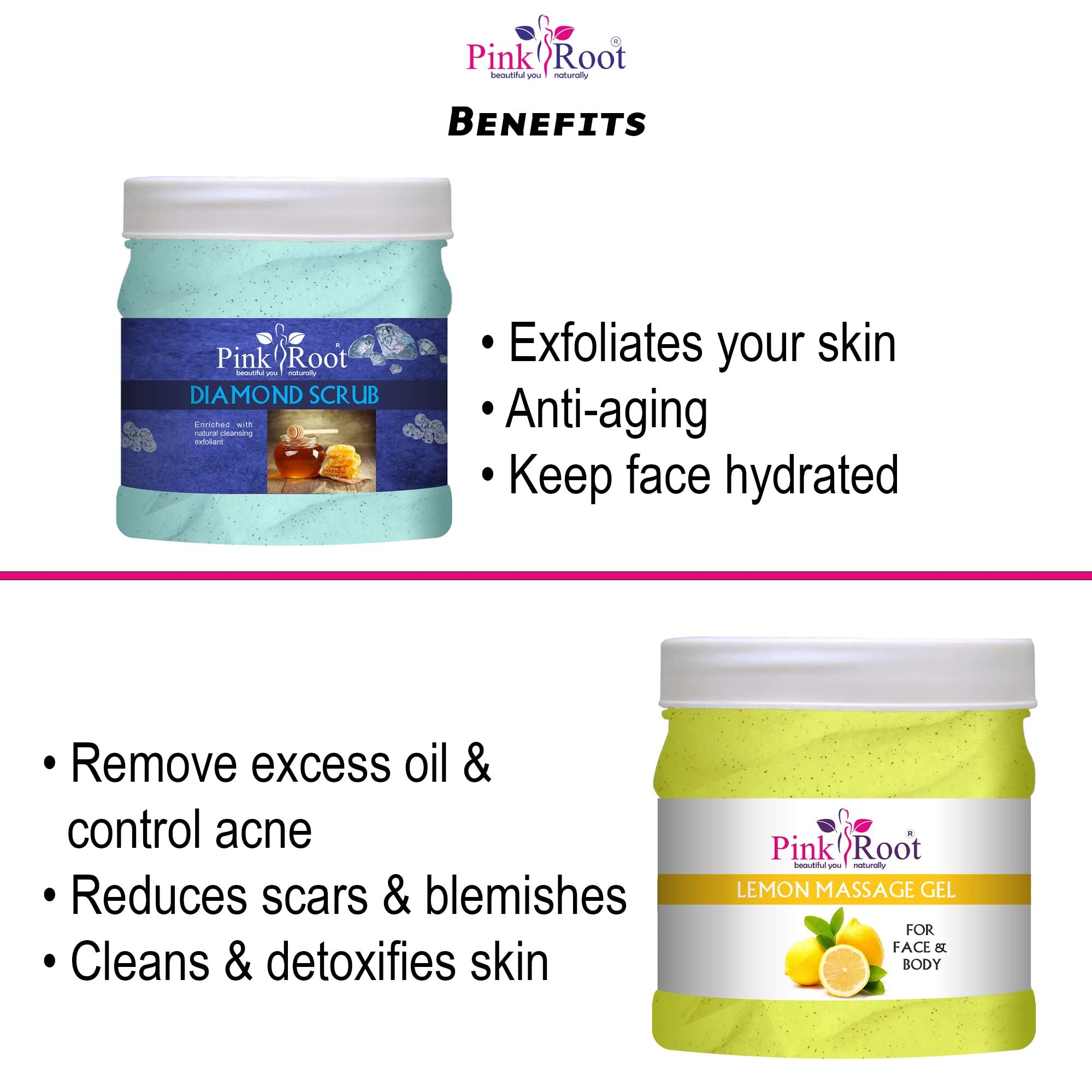 Pink Root Lemon Massage Gel with Diamond Scrub - 500ml Set for Body Exfoliation & Relaxation - Perfect for Spa Day, Couples Massage & Self-Care Routine