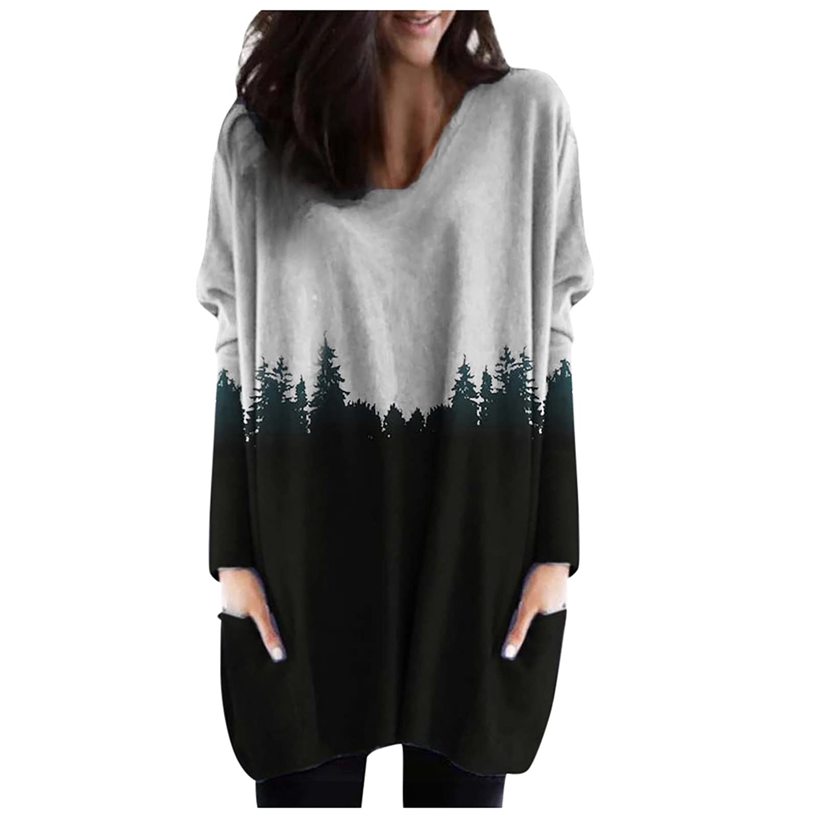 Women's Plus Size Mountain Print Pullover Long Sleeve Sweatshirt - Cozy Casual Top for Hiking, Outdoor Adventures & Everyday Wear