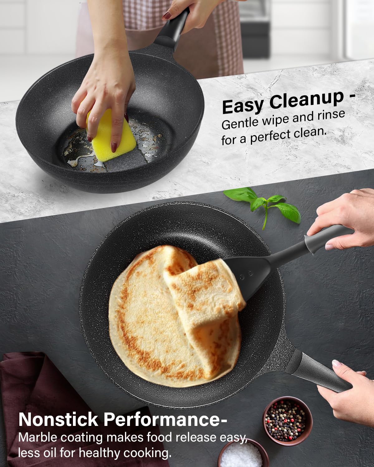 Nonstick Deep Fry Pan with Lid - 11 Inch Marble Wok Saute Skillet for Stir Frying, Black | Cook N Home Large Frying Pan for Sautéing, Frying & Cooking Family Meals
