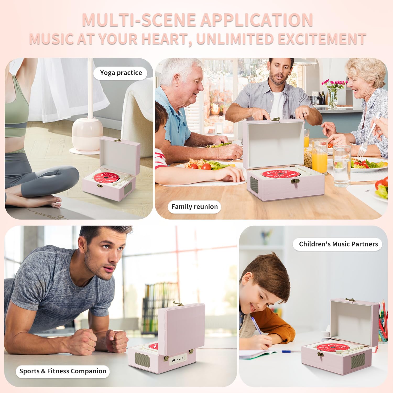 Time Music Box CD Player with Bluetooth & Speakers - Wireless Audio Transmitter for Home, Office, or Party | Perfect Gift for Music Lovers & Home Decor (Pink)