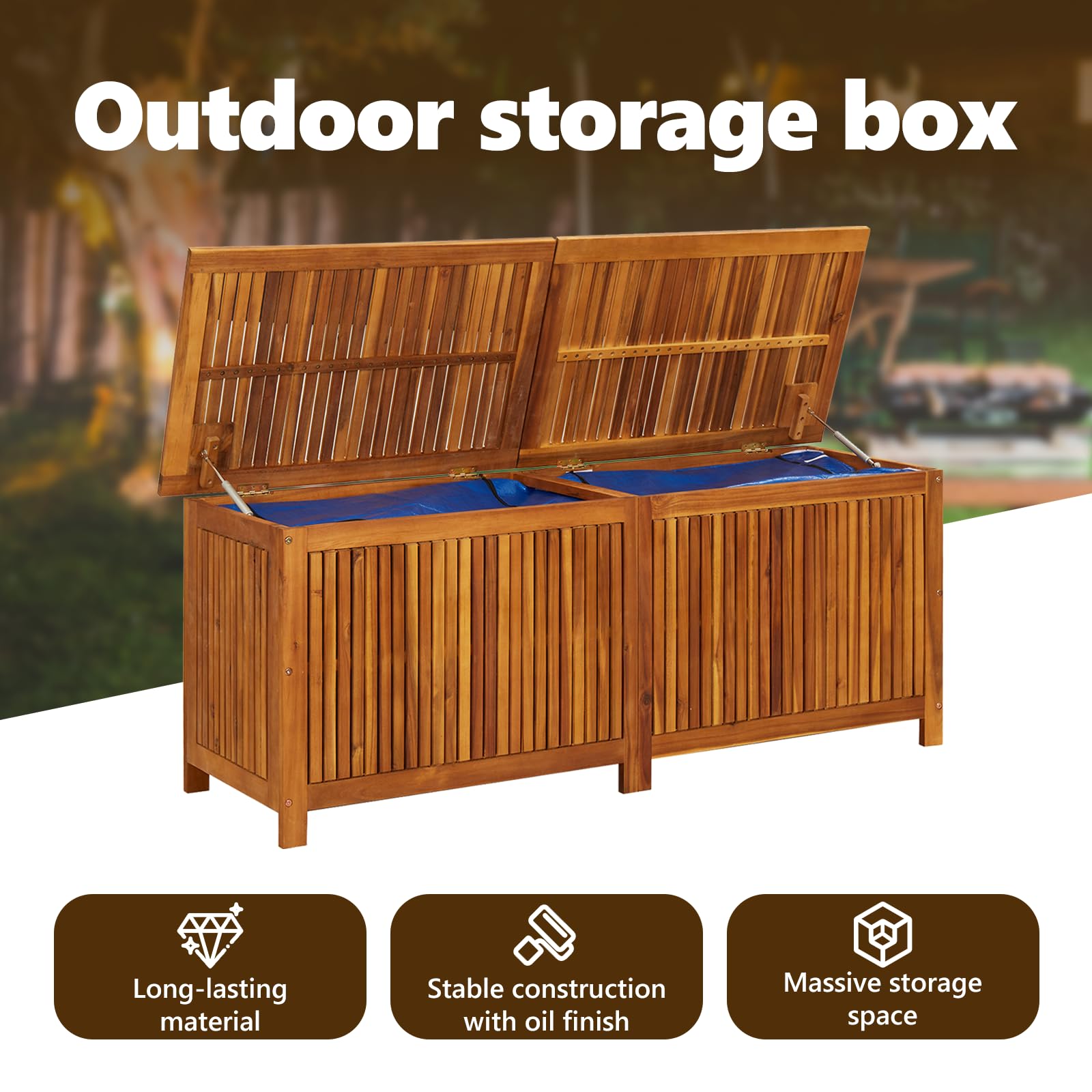 vidaXL Outdoor Storage Box - 59.1''x19.7''x22.8'' Deck Box with Gas-Lift Lid & Waterproof Zippered Bag - Solid Acacia Wood Patio Furniture - Perfect for Garden, Poolside & Backyard Storage