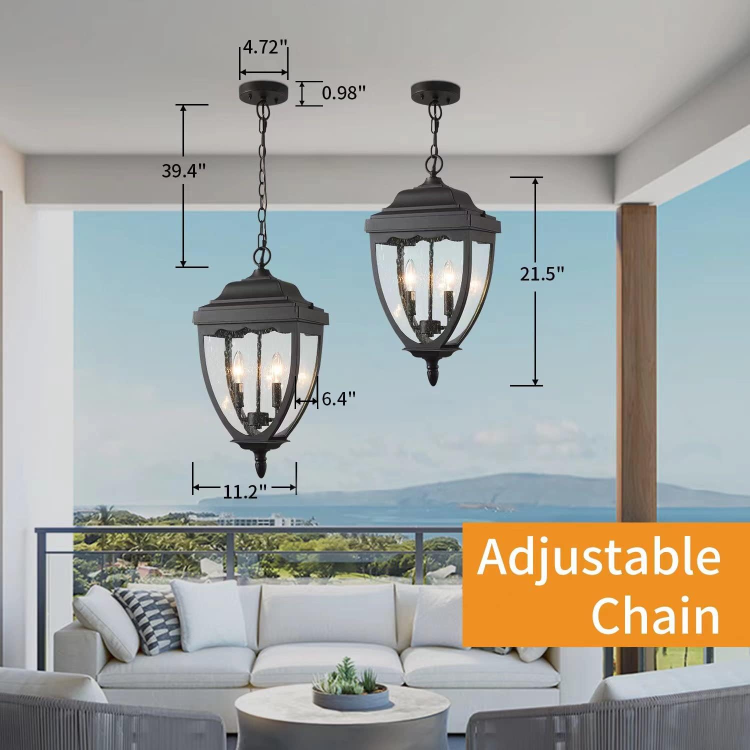 Black Outdoor Pendant Light Fixtures - Exterior Hanging Lantern Chandelier with Seeded Glass for Entryway, Doorway, Farmhouse & Foyer - Perfect for Porch, Patio, and Garden Lighting