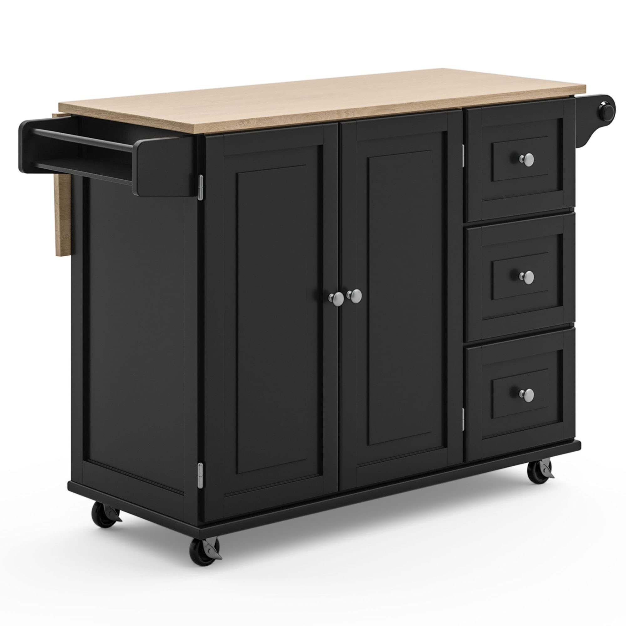 Homestyles Dolly Madison 54-Inch Black Kitchen Cart with Wood Top & Drop Leaf Breakfast Bar - Rolling Mobile Kitchen Island with Storage & Towel Rack - Perfect for Small Kitchens, Breakfast Nooks & Extra Counter Space