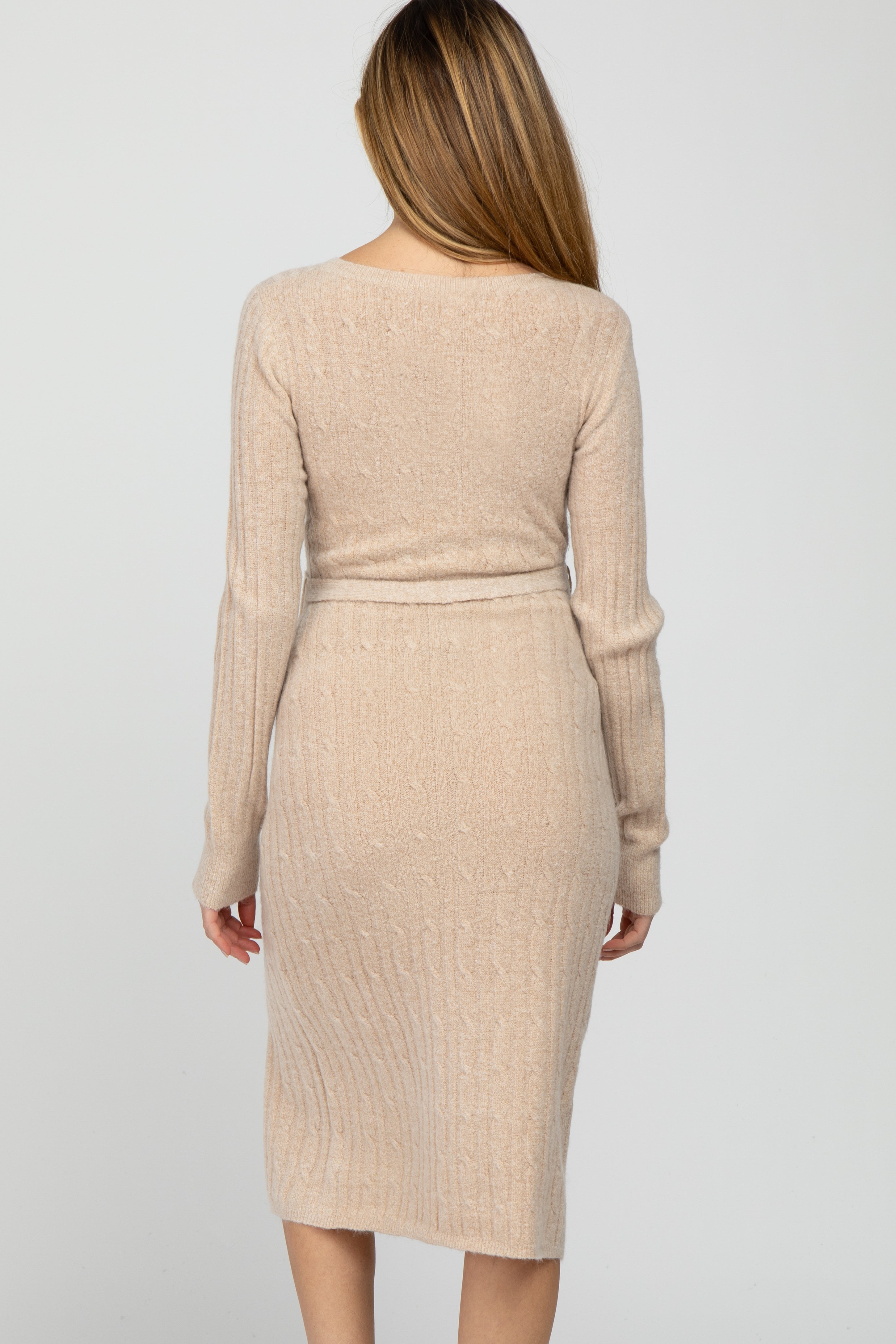 Beige Brushed Cable Knit Maternity Sweater Dress - Soft Comfortable Pregnancy Outfit for Women | Perfect for Baby Shower, Maternity Photos & Winter Pregnancy Fashion