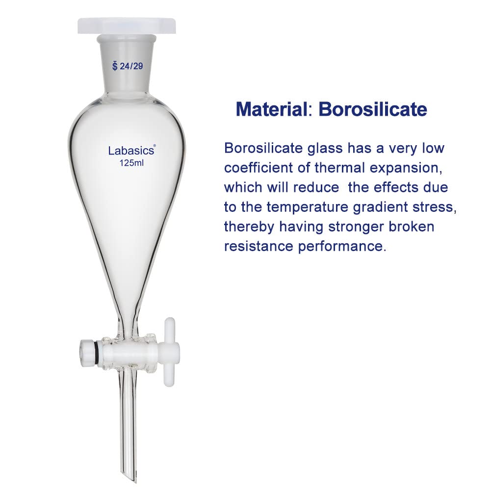 Labasics 125ml Heavy Wall Borosilicate Glass Conical Separatory Funnel with 24/29 Joints & PTFE Stopcock - Ideal for Chemical Labs, Liquid Extraction, and Solvent Separation