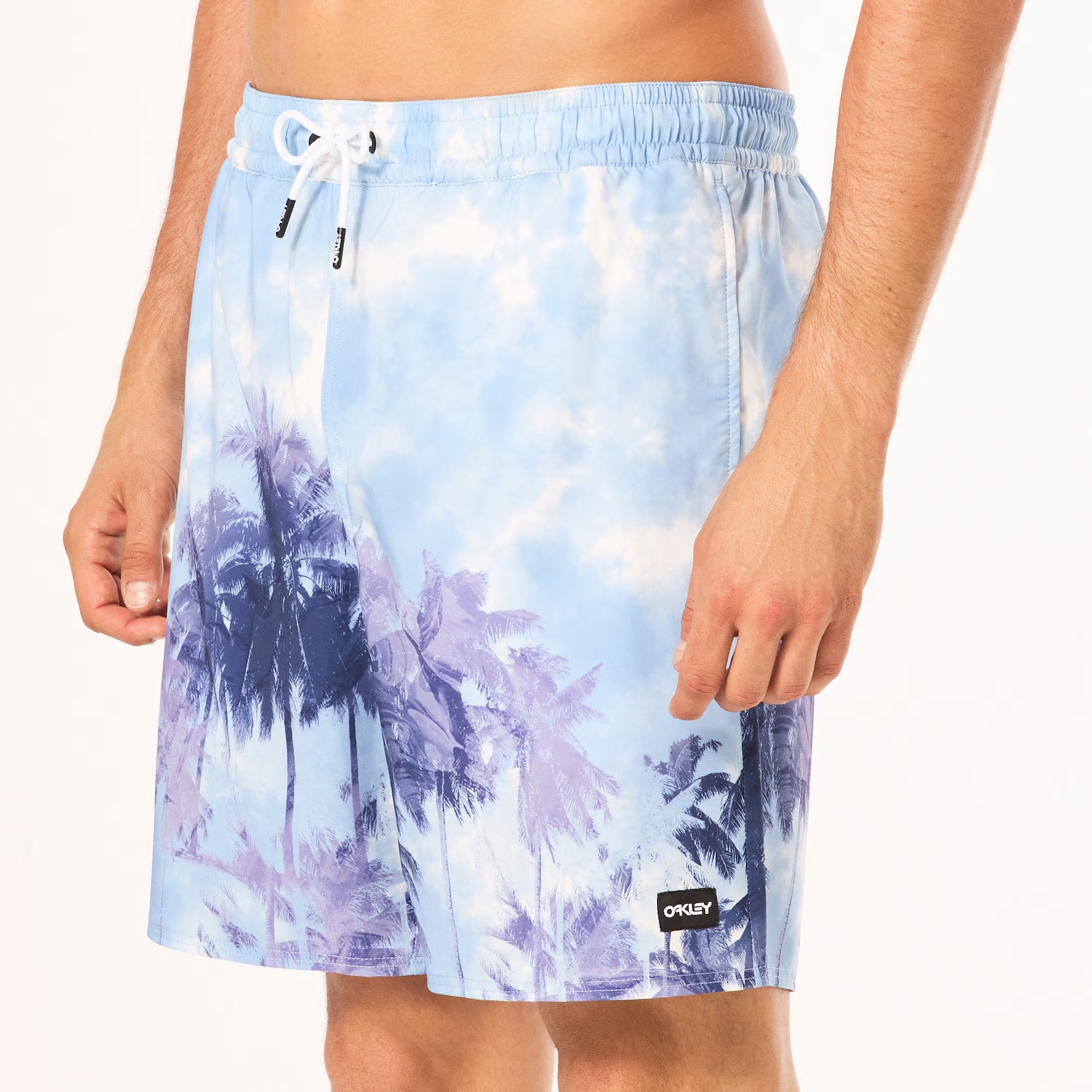 Oakley Canary Palms RC 18 Beach Shorts - Light Blue with Palm & Cloud Design | Perfect for Surfing, Swimming & Summer Vacations