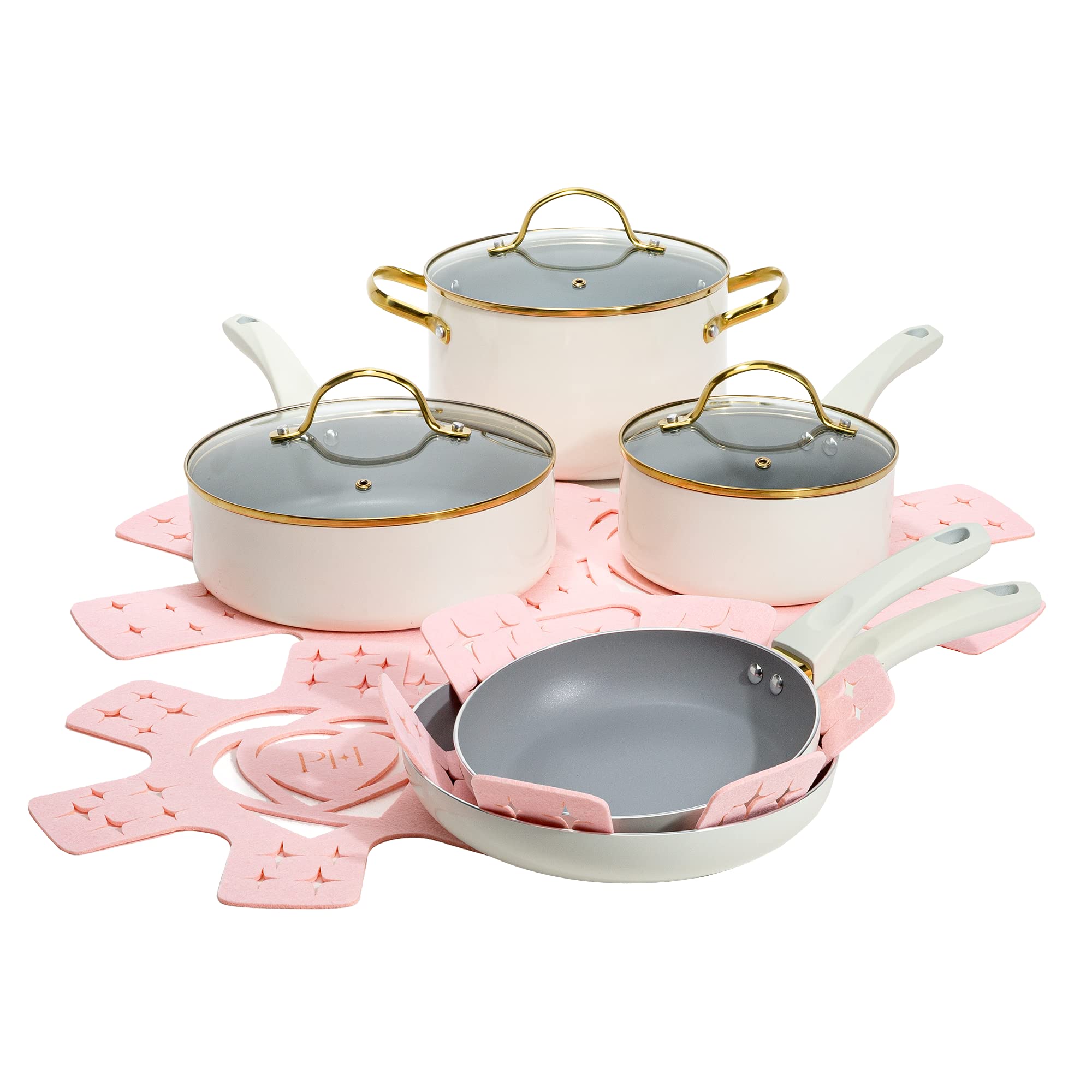 Paris Hilton Epic 12-Piece Nonstick Cookware Set - PFOA-Free Multi-Layer Coating, Tempered Glass Lids & Stay-Cool Handles - Dishwasher Safe Cream Pots & Pans for Everyday Cooking & Family Meals